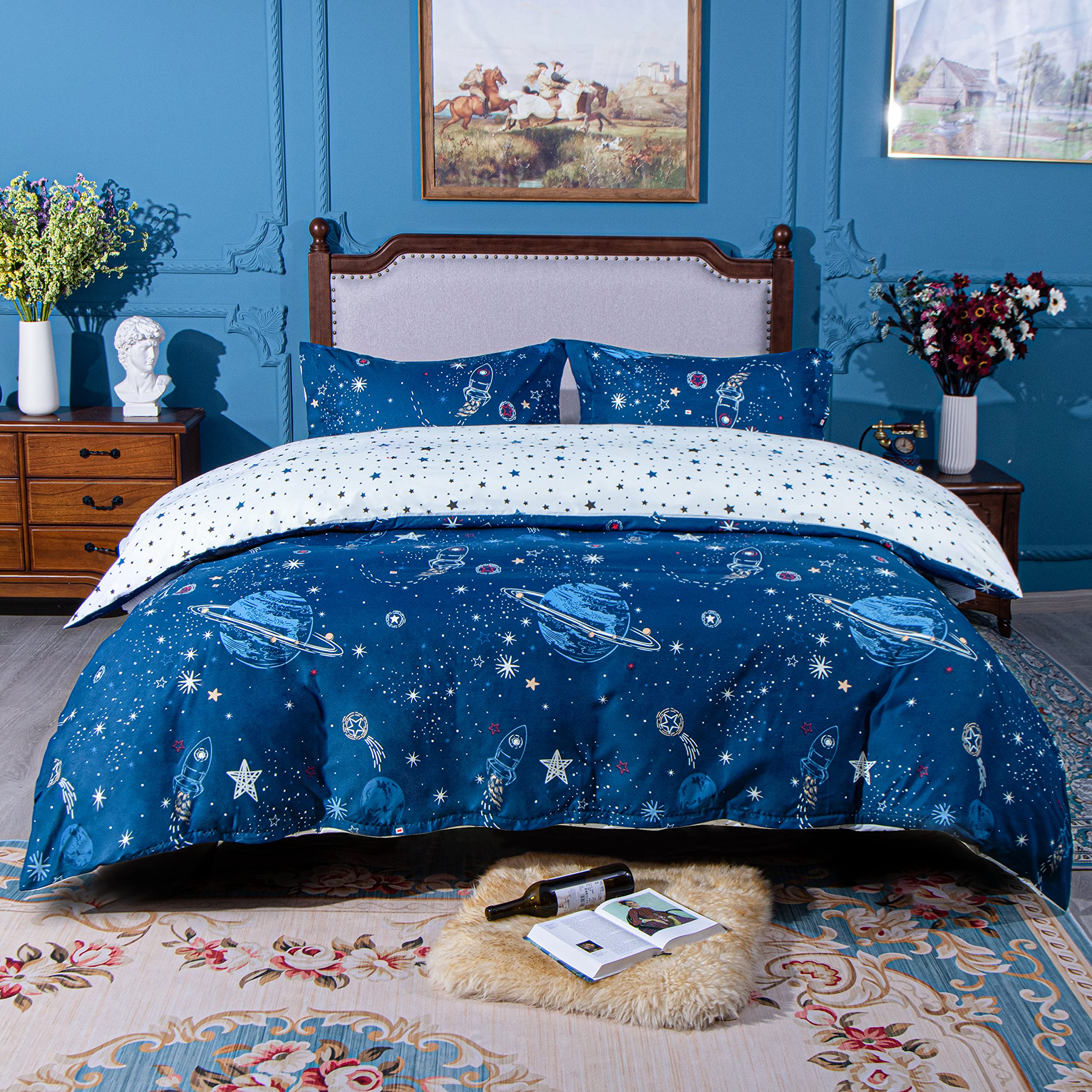 NTBAY Microfiber Twin Duvet Cover Set - 2 Piece Ultra Soft Starry Sky Printed Comforter Cover with Zipper Closure & Corner Ties, Blue & White - Perfect for Kids Bedroom, Guest Room & Dorm Decor