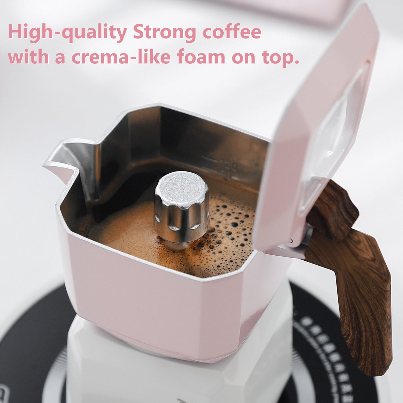 Bincoo 2-Cup Stovetop Espresso Maker - Italian Moka Coffee Pot with Double Valve & Filter Paper, 120ML/4oz (Pink-White) - Perfect for Home Brewing, Camping & Gifts