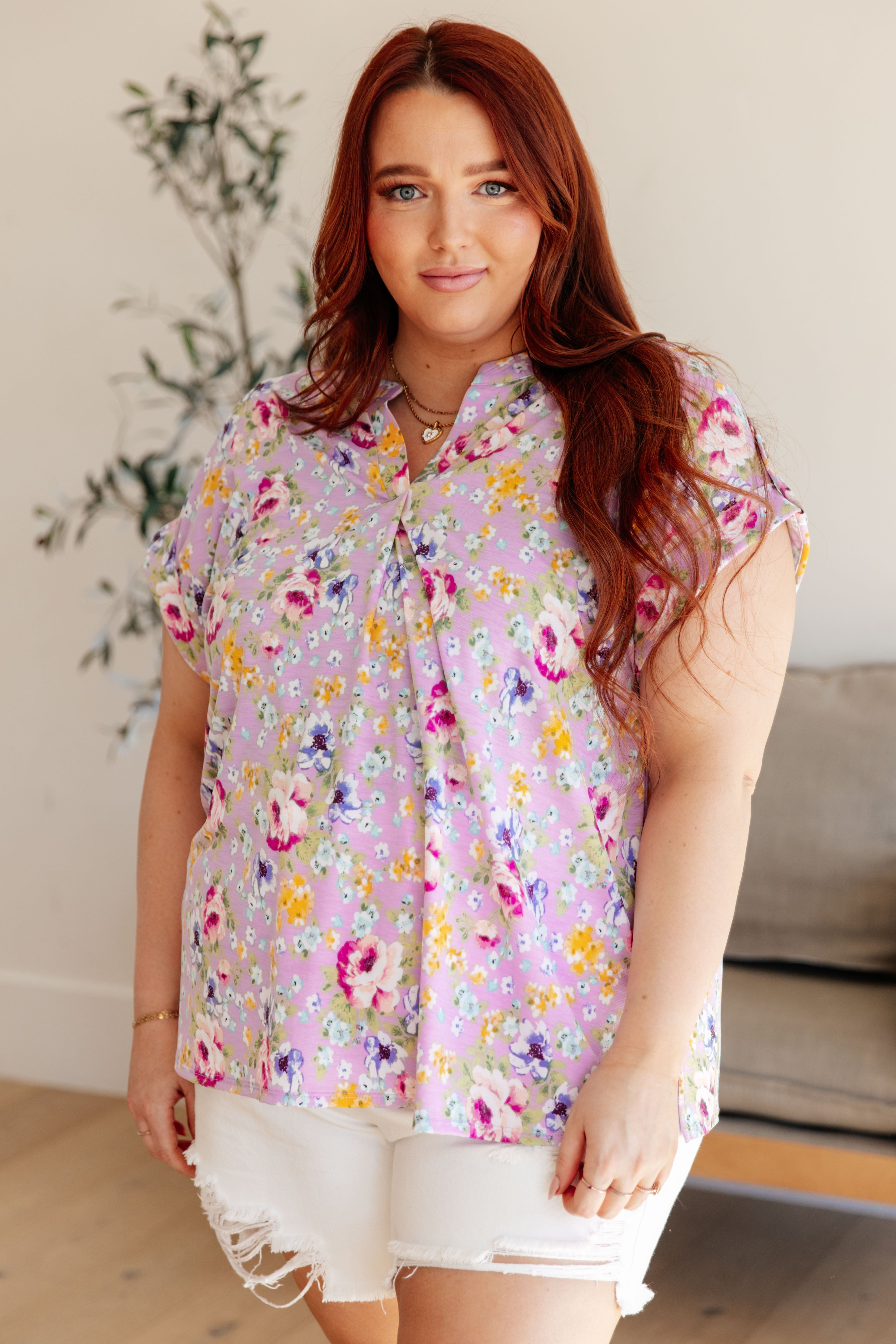Lizzy Cap Sleeve Top - Floral Print Women's Blouse in Lavender & Magenta | Perfect for Spring Outfits, Date Nights & Office Wear