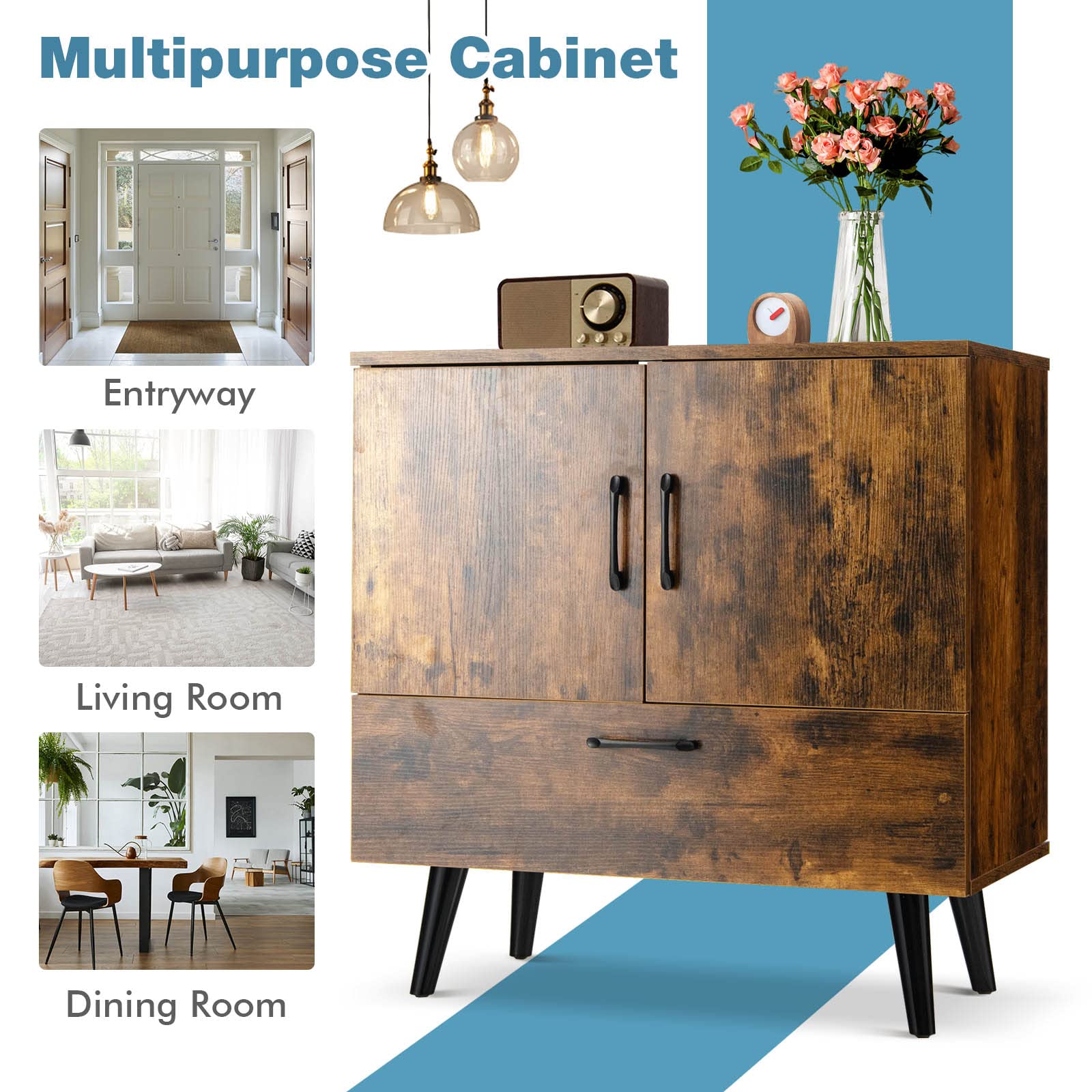 Giantex Rustic Brown Storage Cabinet - Freestanding Buffet Sideboard with Doors & Pull-Out Drawer | Entryway, Living Room, Dining Room, Bathroom Storage Solution | Accent Cabinet for Home Organization & Decor
