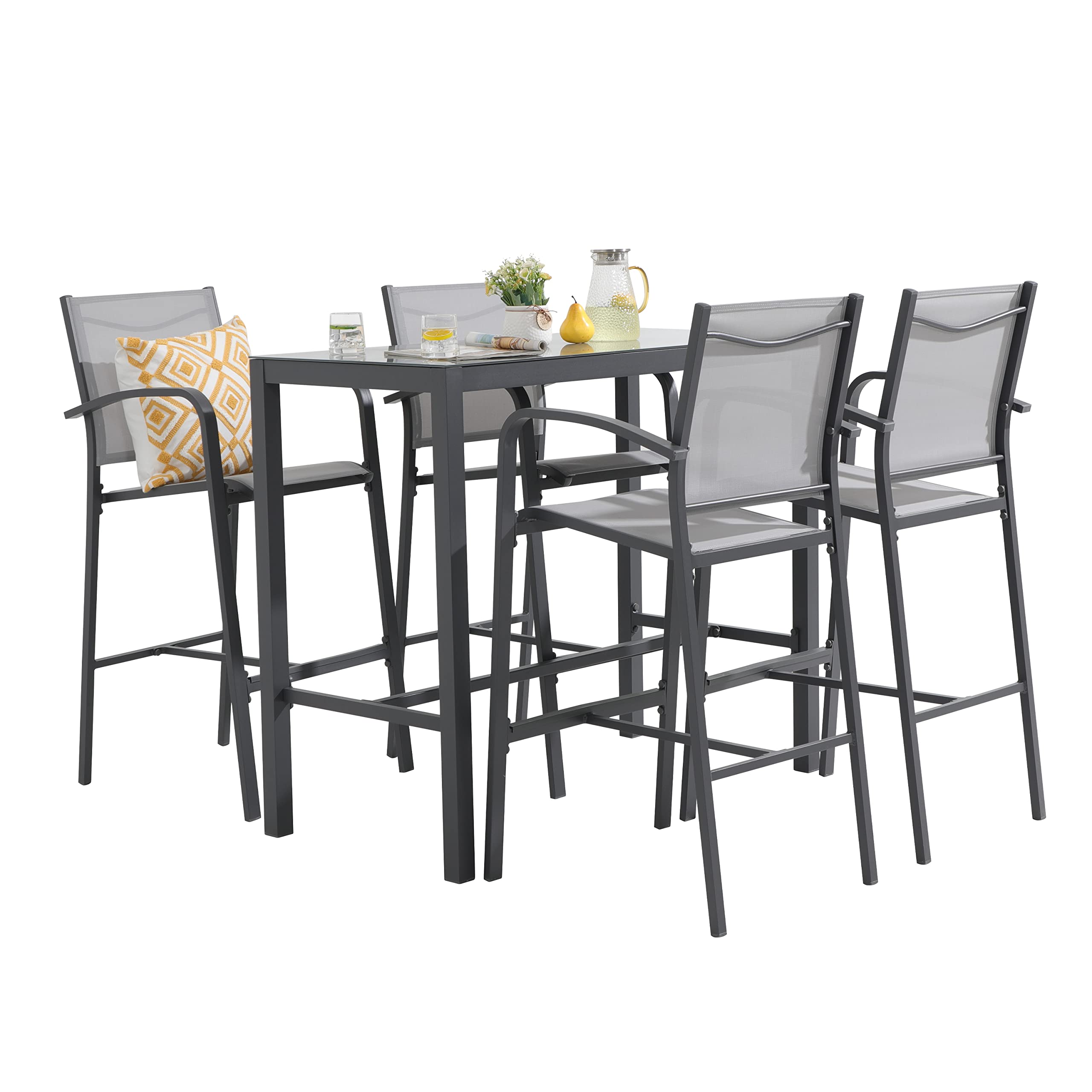 OC Orange-Casual 5-Piece Patio Bar Set - All-Weather Aluminum & Textile Fabric Outdoor High-Top Dining Table with 4 Metal Bar Stools & Glass Top Table - Dark Grey - Perfect for Porch, Garden, Backyard & Poolside Entertaining