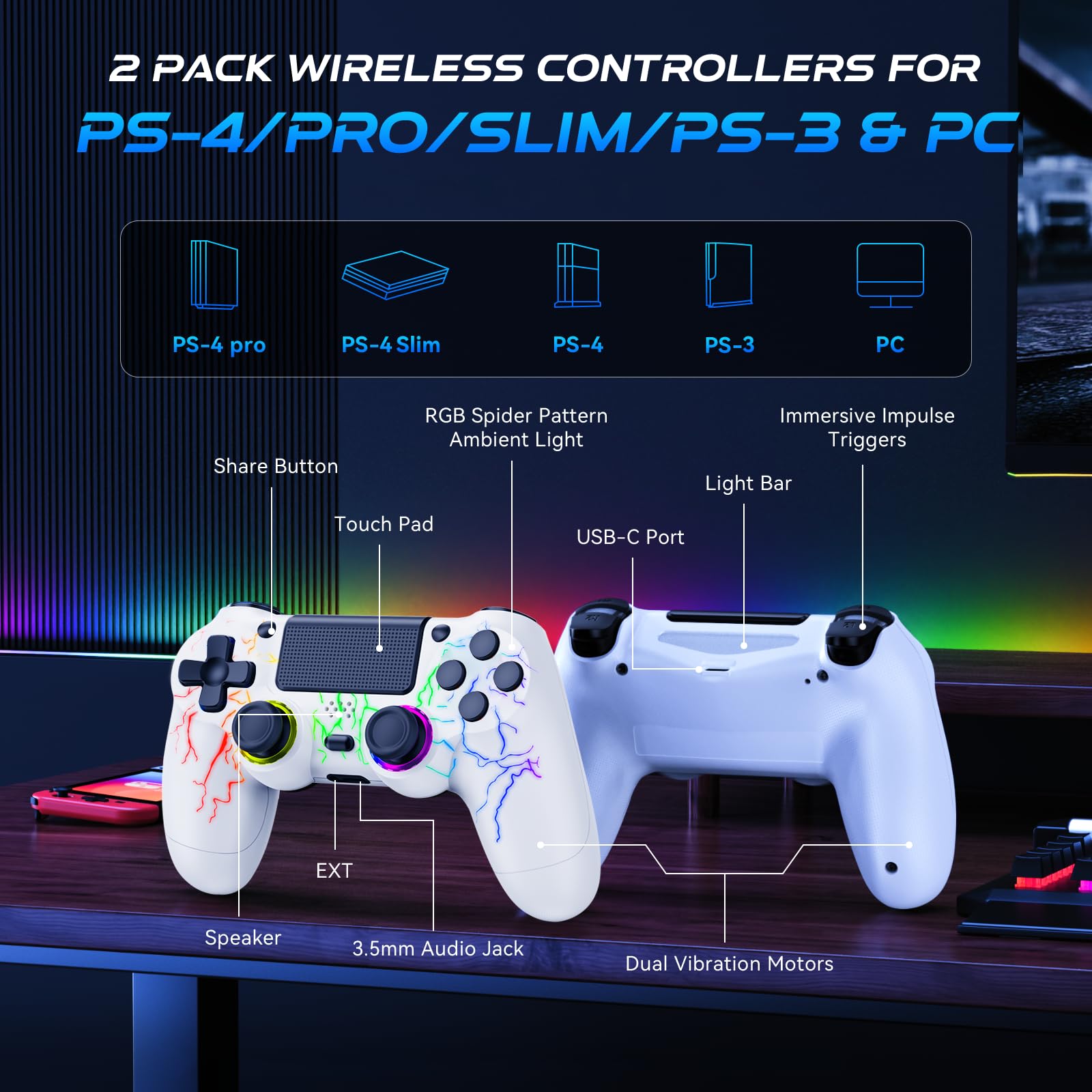 GamingBoy 2 Pack Wireless PS4 Controller with LED RGB, Hall Effect Joystick, Dual Vibration, 6-Axis Gyro, 1000mAh Battery, USB-C Port - White | Perfect for PS4/Slim/Pro and PC Gaming, Ideal for Multiplayer and Long Sessions