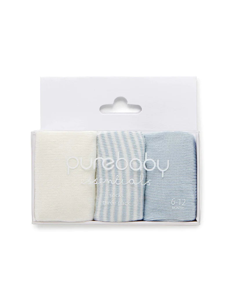 Purebaby Essentials 3-Pack Baby Socks - Soft Cotton Blue & White Striped - Perfect for Newborns, Infants & Toddlers - Ideal for Everyday Wear, Nursery, and Photo Shoots