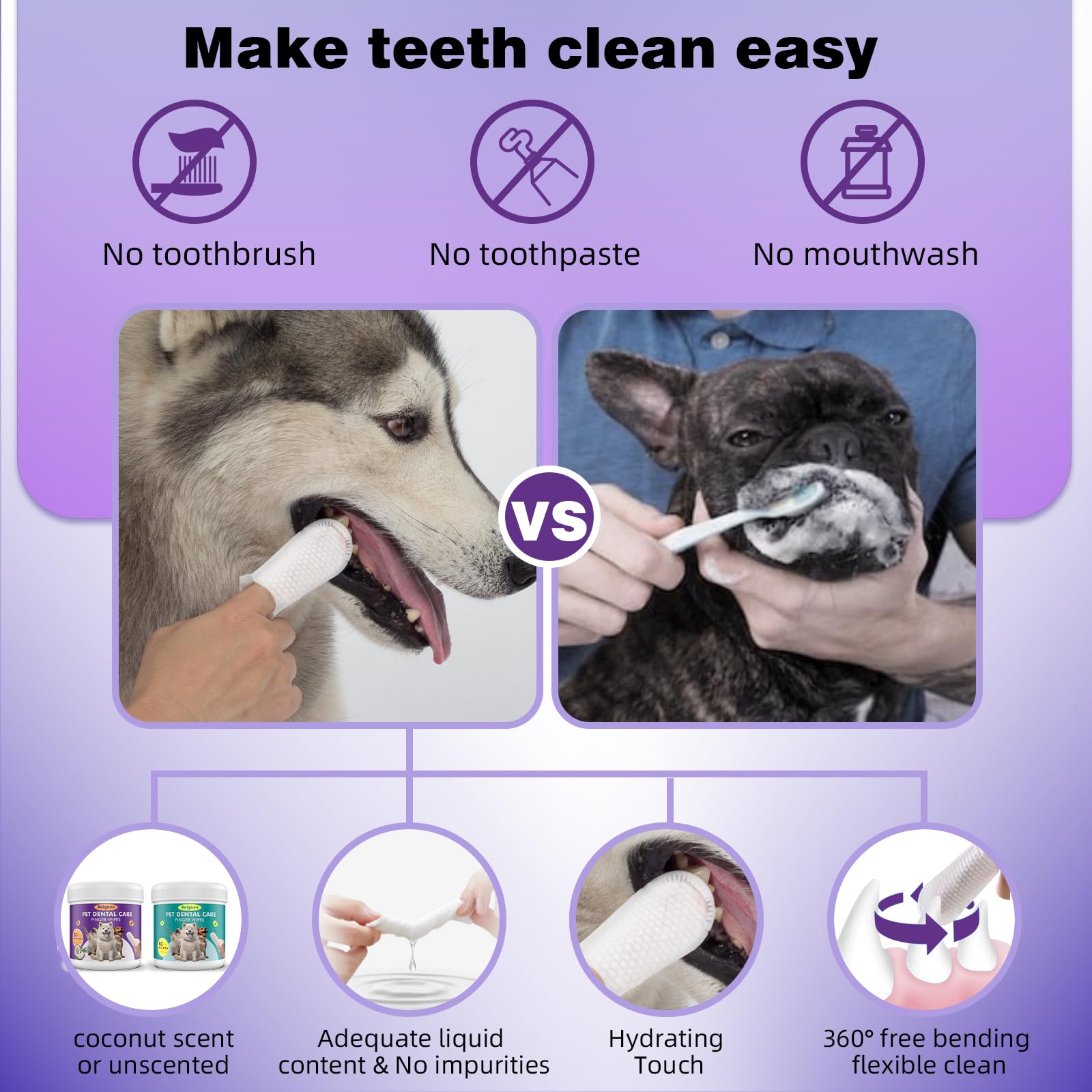 Pet Dental Finger Wipes for Dogs & Cats - 60 Count Coconut Scented Teeth Cleaning Wipes - Remove Plaque, Tartar & Freshen Breath - No Rinse Disposable Finger Toothbrush - Perfect for Travel, Home & Vet Visits
