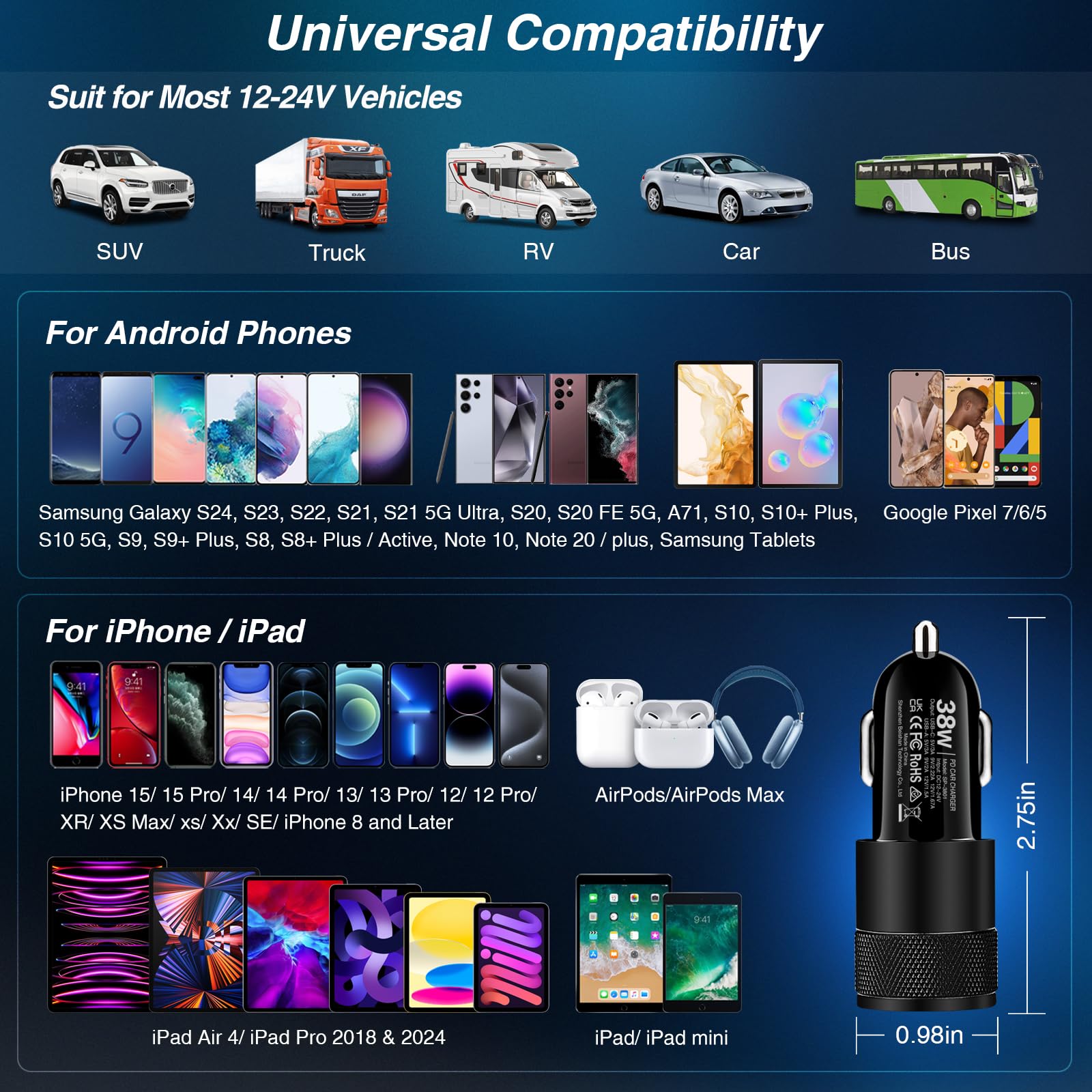 38W Dual Port USB C Car Charger Fast Charging Adapter - USB-C & USB-A Cigarette Lighter Charger for iPhone 16/15, Samsung S24, Pixel - Perfect for Road Trips & Daily Commutes
