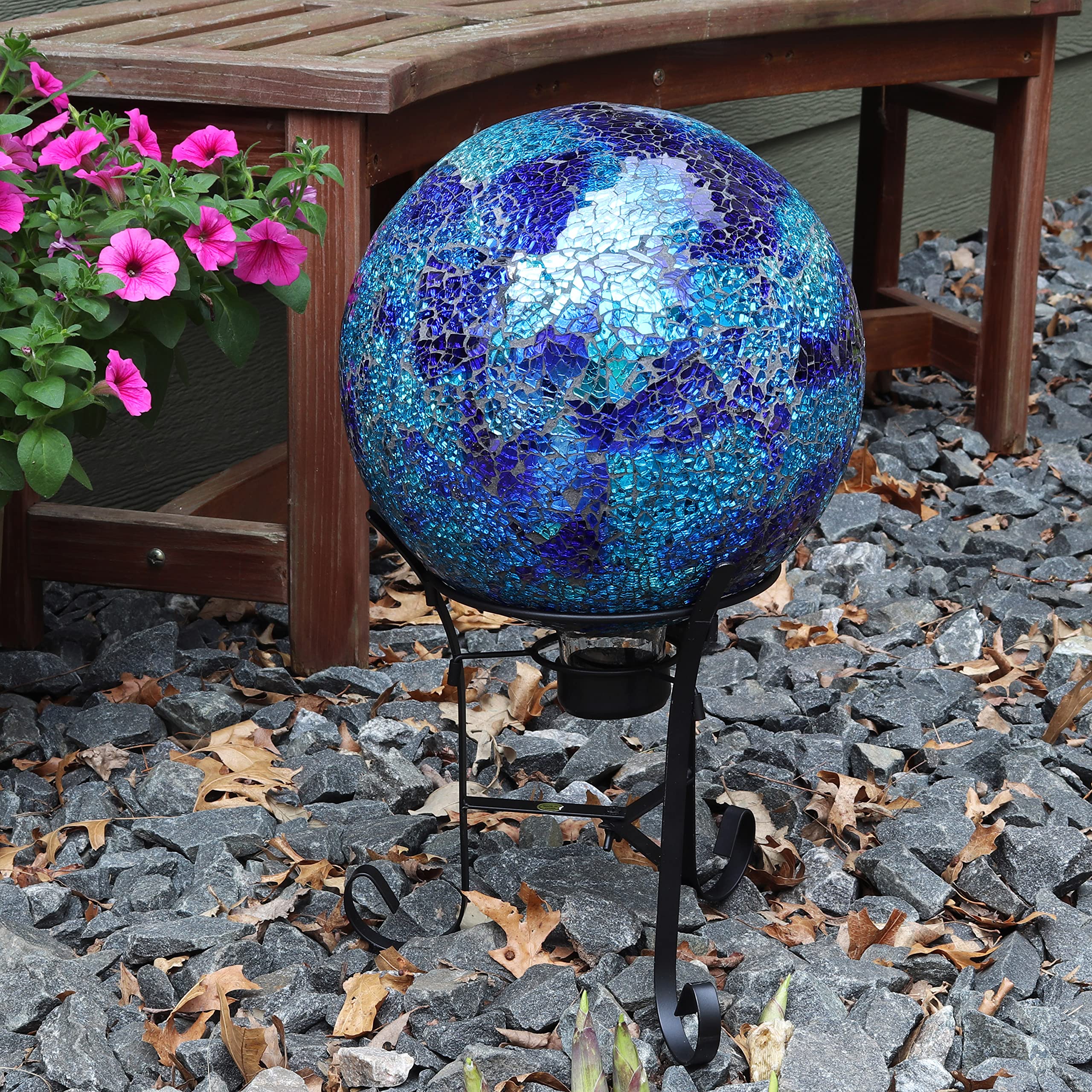 Sunnydaze 9-Inch Indigo Glass Flower Fly-Through Bird Feeder & 10-Inch Deep Ocean Swirl Blue Crackled Mosaic Gazing Globe Set - Outdoor Garden Decor for Birds & Aesthetic Landscaping