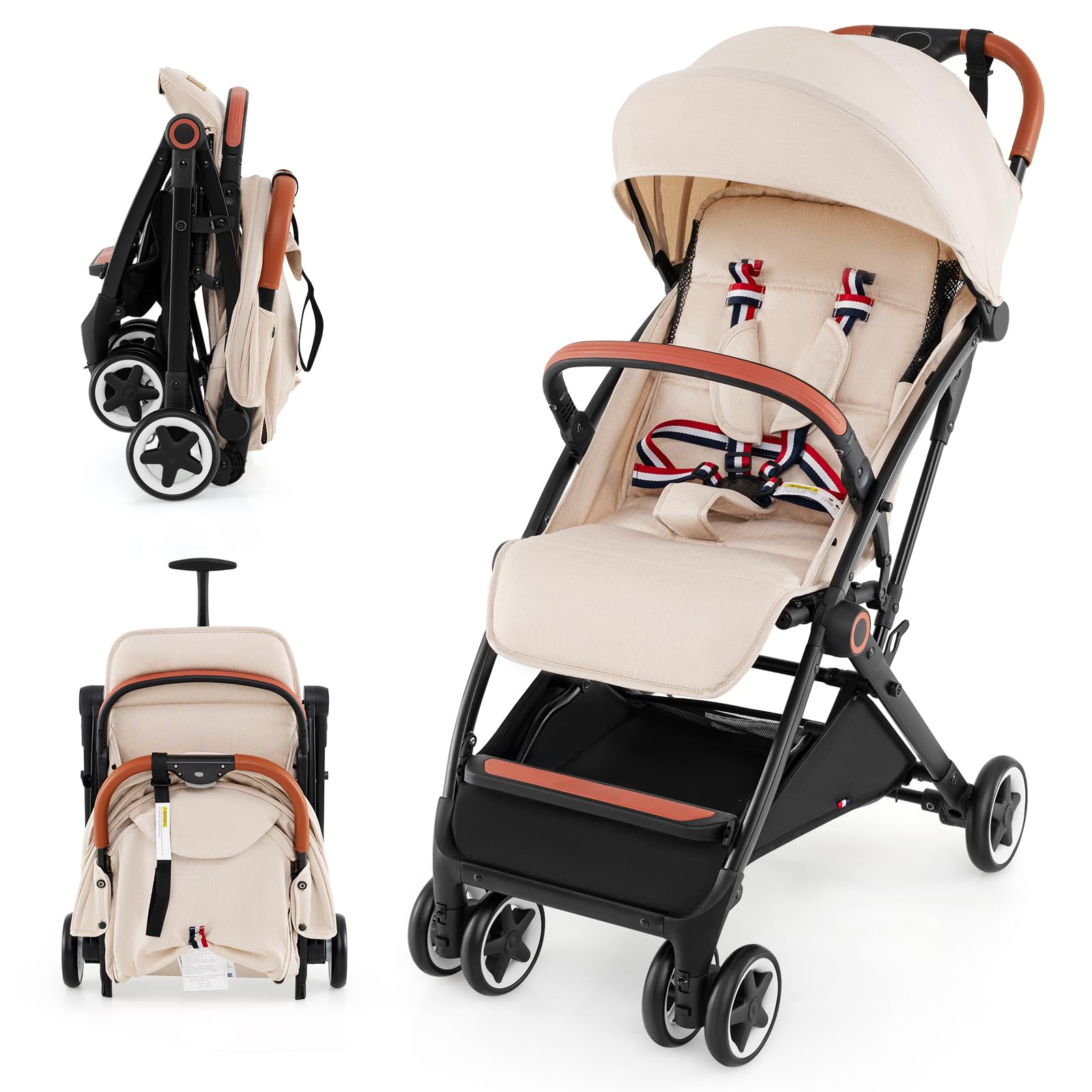 HONEY JOY Lightweight Baby Stroller - Compact One-Hand Fold Travel Stroller for Airplane, Fits Cabin & Overhead Bins, Self-Standing Toddler Stroller with Adjustable Backrest & Canopy (Beige) - Perfect for Air Travel, Shopping, and Daily Walks
