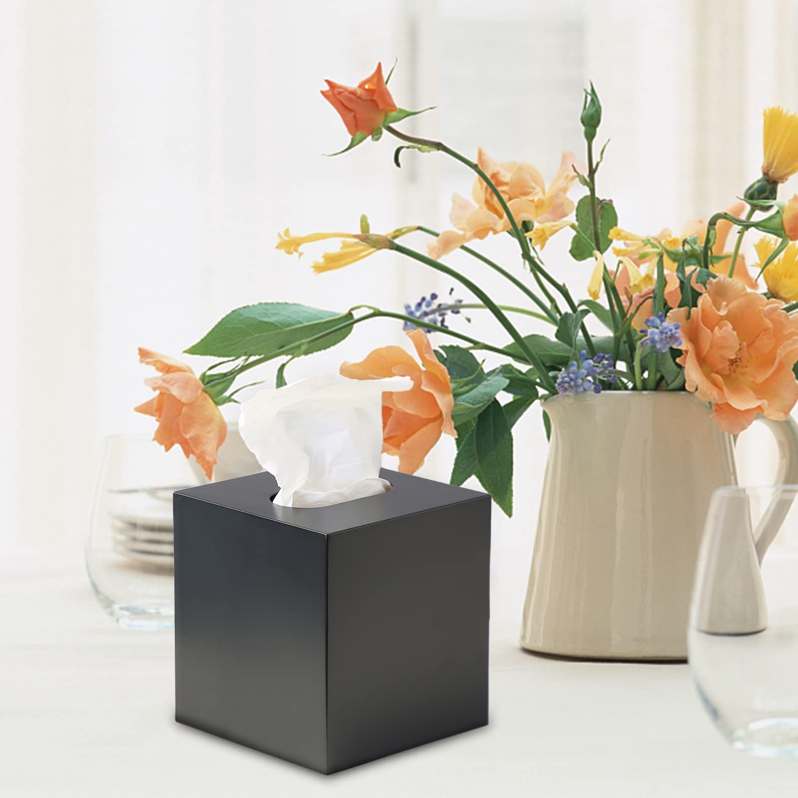 Modern Black Metal Square Tissue Box Cover - Stylish Facial Tissue Holder for Bathroom Vanity, Bedroom Dresser, Nightstand, Desk & Office Decor | Perfect for Home, Office & Gift Giving