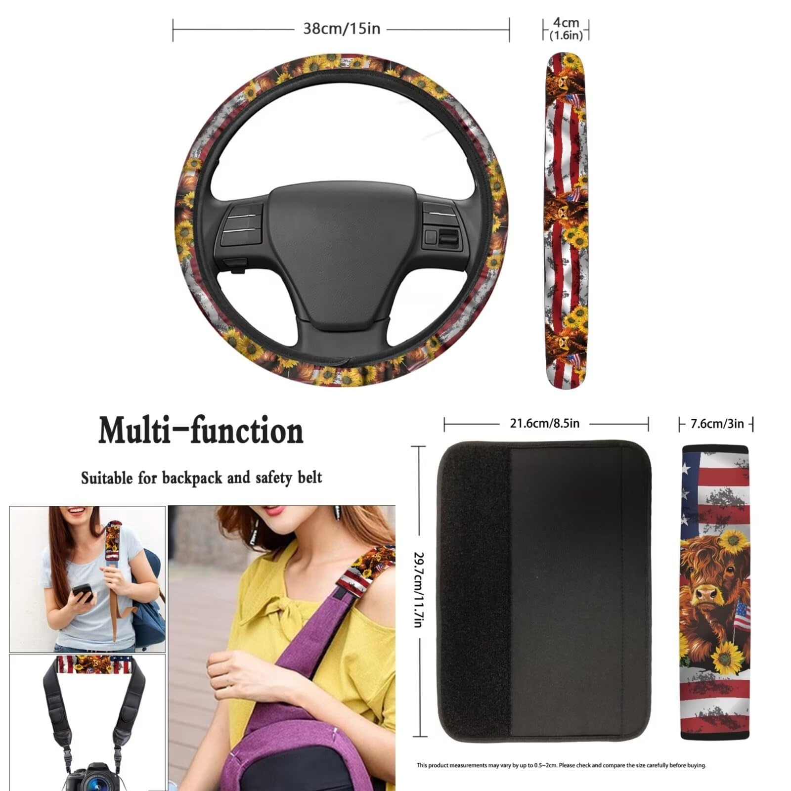 15 Inch Polyester Steering Wheel Cover with American Flag, Sunflower & Highland Cow Design - Pack of 4 Comfortable Car Seatbelt Cushion Pads & Armrest Protectors - Durable Car Interior Accessories for Road Trips & Daily Commutes