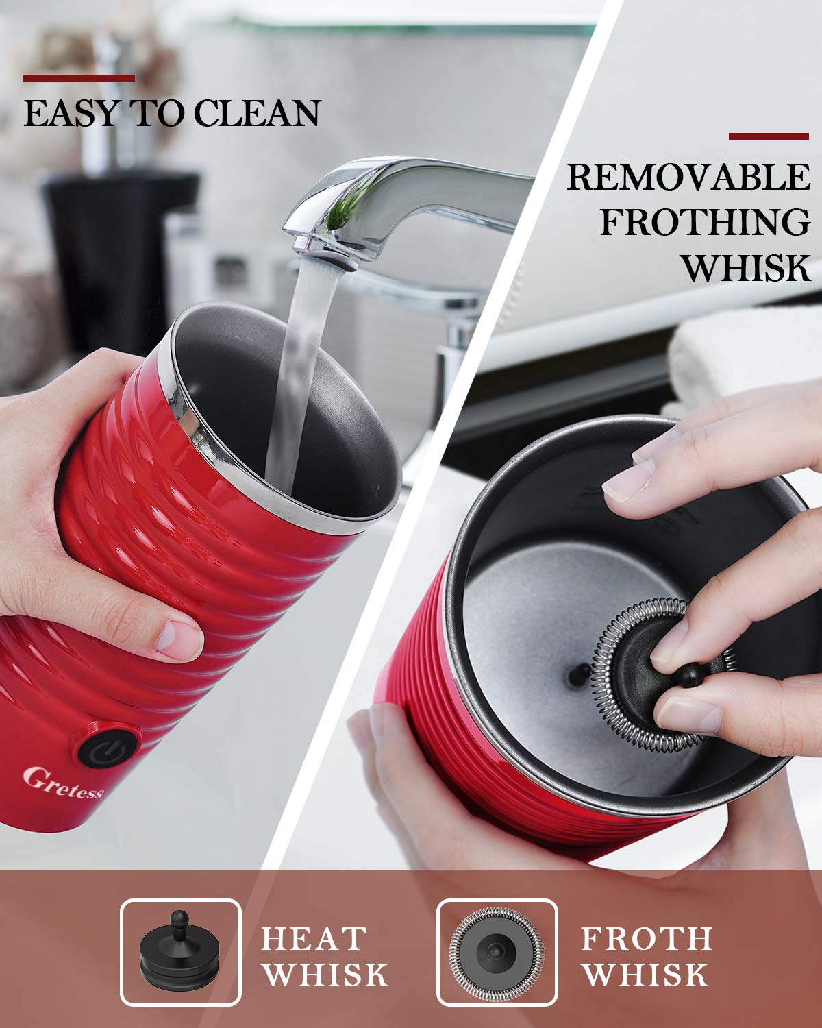 **Gretess 4-in-1 Electric Milk Frother & Steamer for Coffee & Latte - Hot & Cold Froth, Auto Shut-Off, 2 Whisks (Red, JC-A2R) - Perfect for Cappuccinos, Lattes, Hot Chocolate & Matcha Drinks**