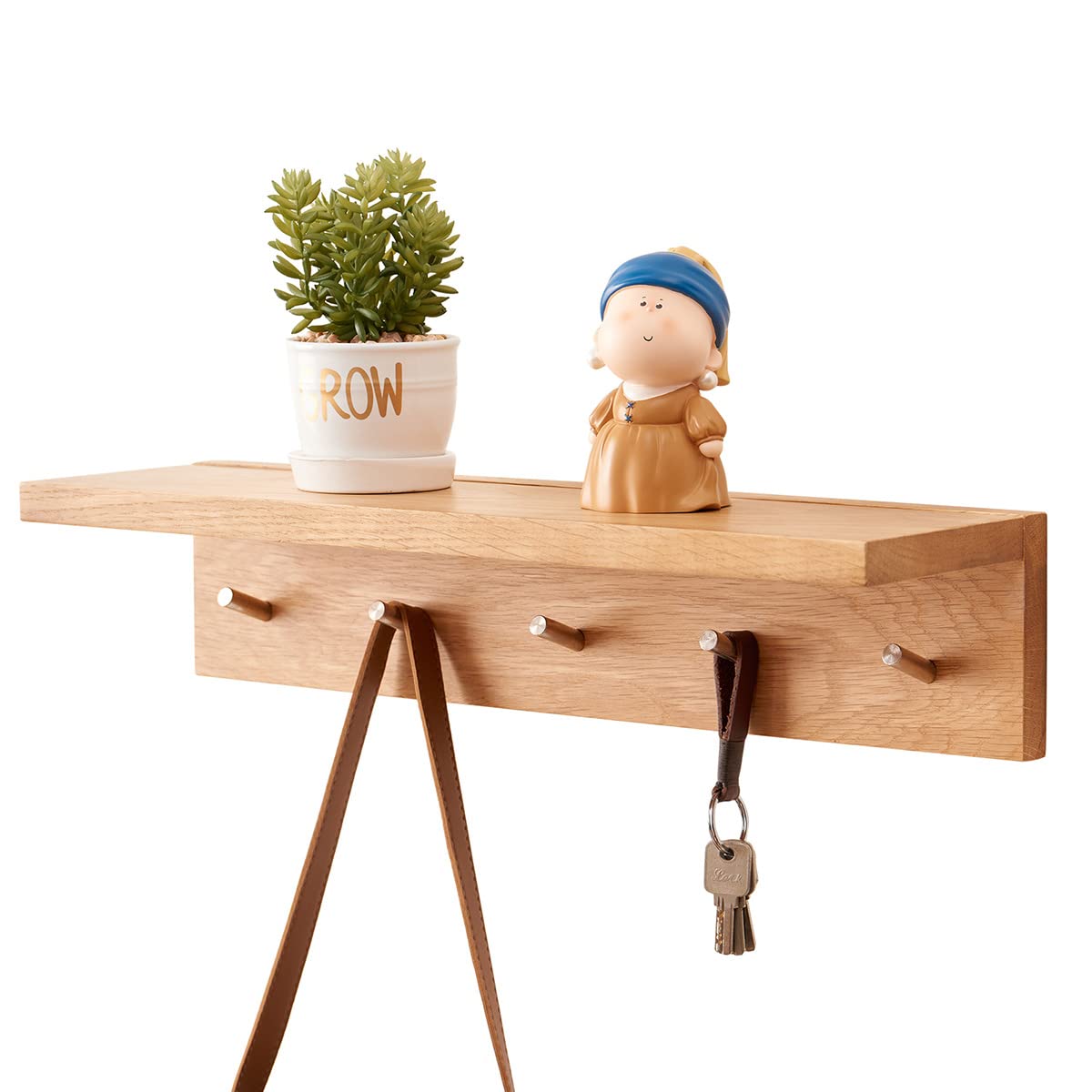 Oak Wood Wall Mounted Coat Rack with 5 Hooks & Floating Shelf - 20 Inch Entryway Organizer for Jackets, Hats & Keys - Perfect for Bedroom, Living Room & Kitchen Decor (Natural Finish)