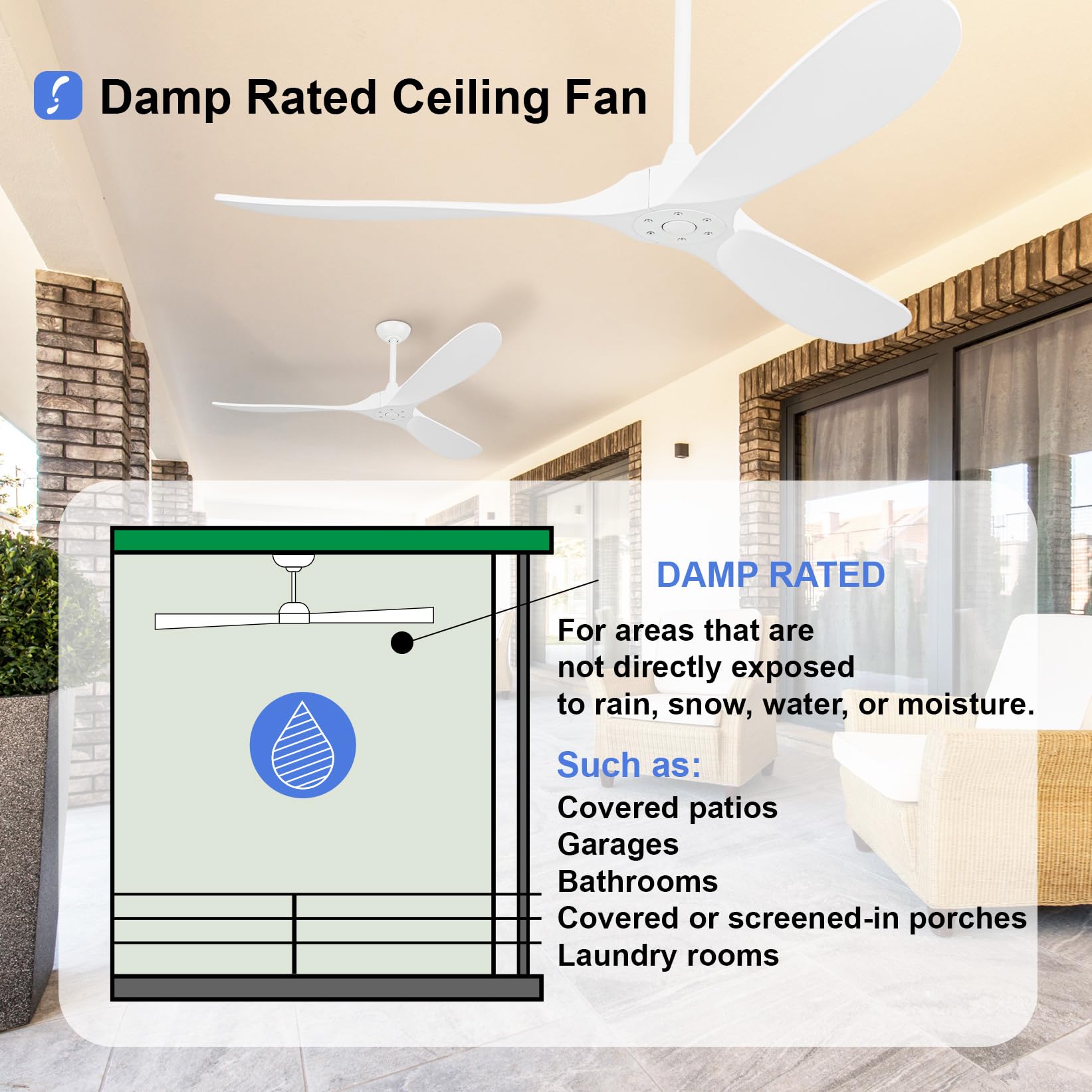 60 Inch Modern Ceiling Fan with 3 Wood Blades - Noiseless Reversible DC Motor & Remote Control - Large Indoor/Outdoor Ceiling Fan without Light - Perfect for Bedroom, Living Room, Patio & Farmhouse - White