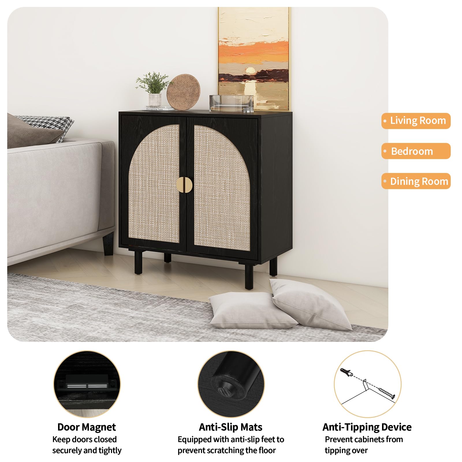 Natural Rattan Sideboard Buffet Cabinet with 2 Wicker Doors - Boho Wood Credenza for Living Room & Kitchen Storage | Accent Furniture for Dining Room, Hallway & Entryway (Black)