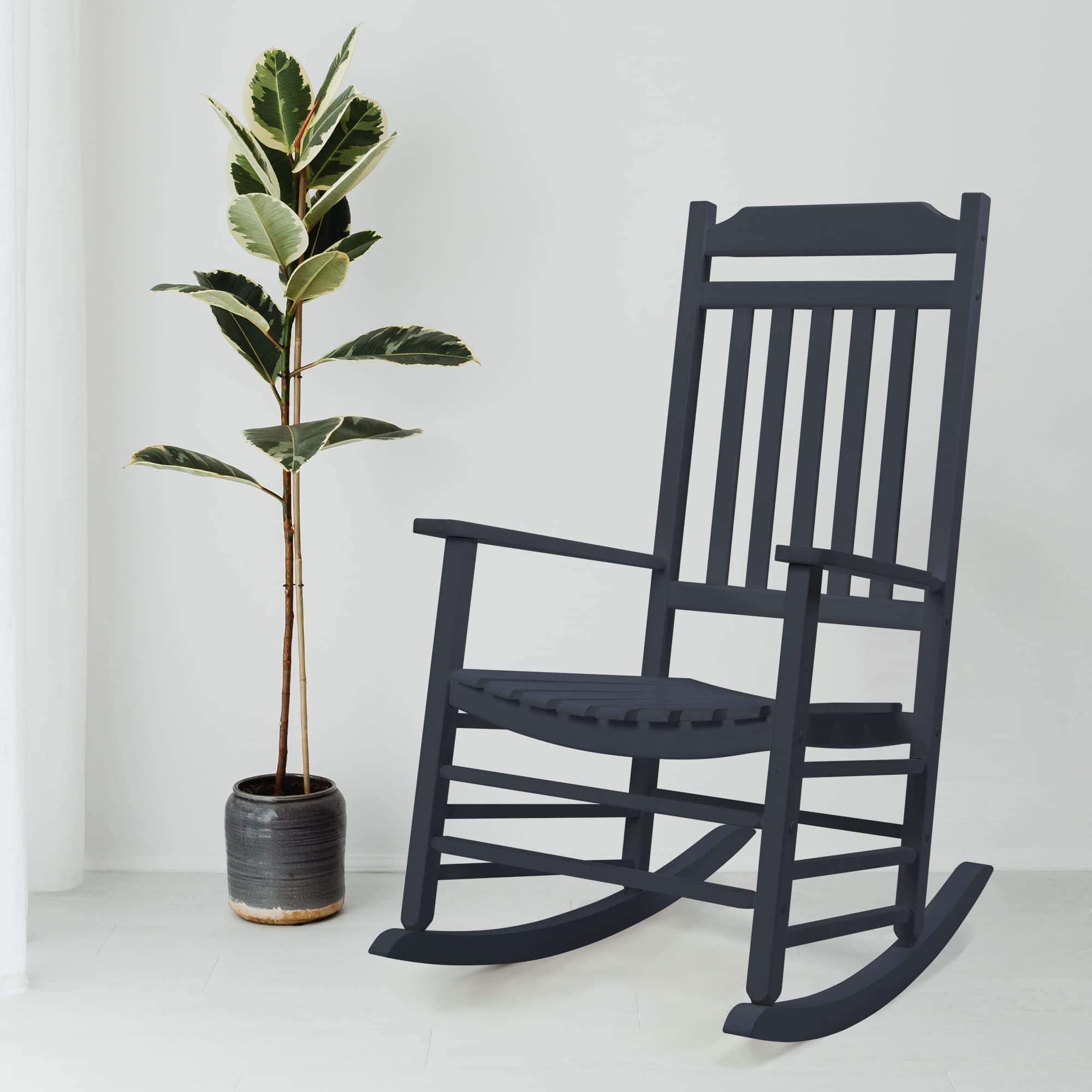 Kozyard Solid Wood High Back Slat Rocking Chair - Comfortable Outdoor Rocking Chair for Front Porch, Patio, Garden, or Indoor Use - Durable Gray Wooden Rocker for Relaxing & Reading (Gray)