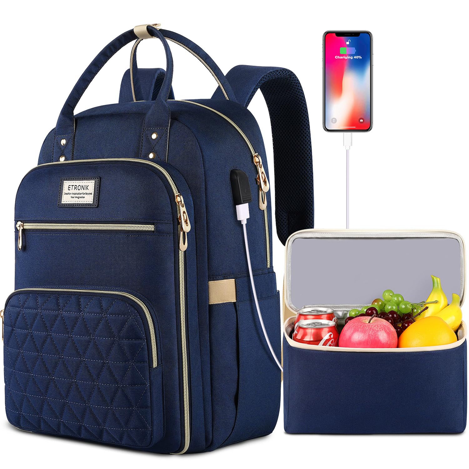 ETRONIK 15.6 Inch Laptop Backpack for Women & Men - USB Charging Port, Insulated Lunch Cooler Bag - Waterproof Travel Backpack for Work, School, Nursing & Outdoor Activities - Stylish Blue Computer Backpack