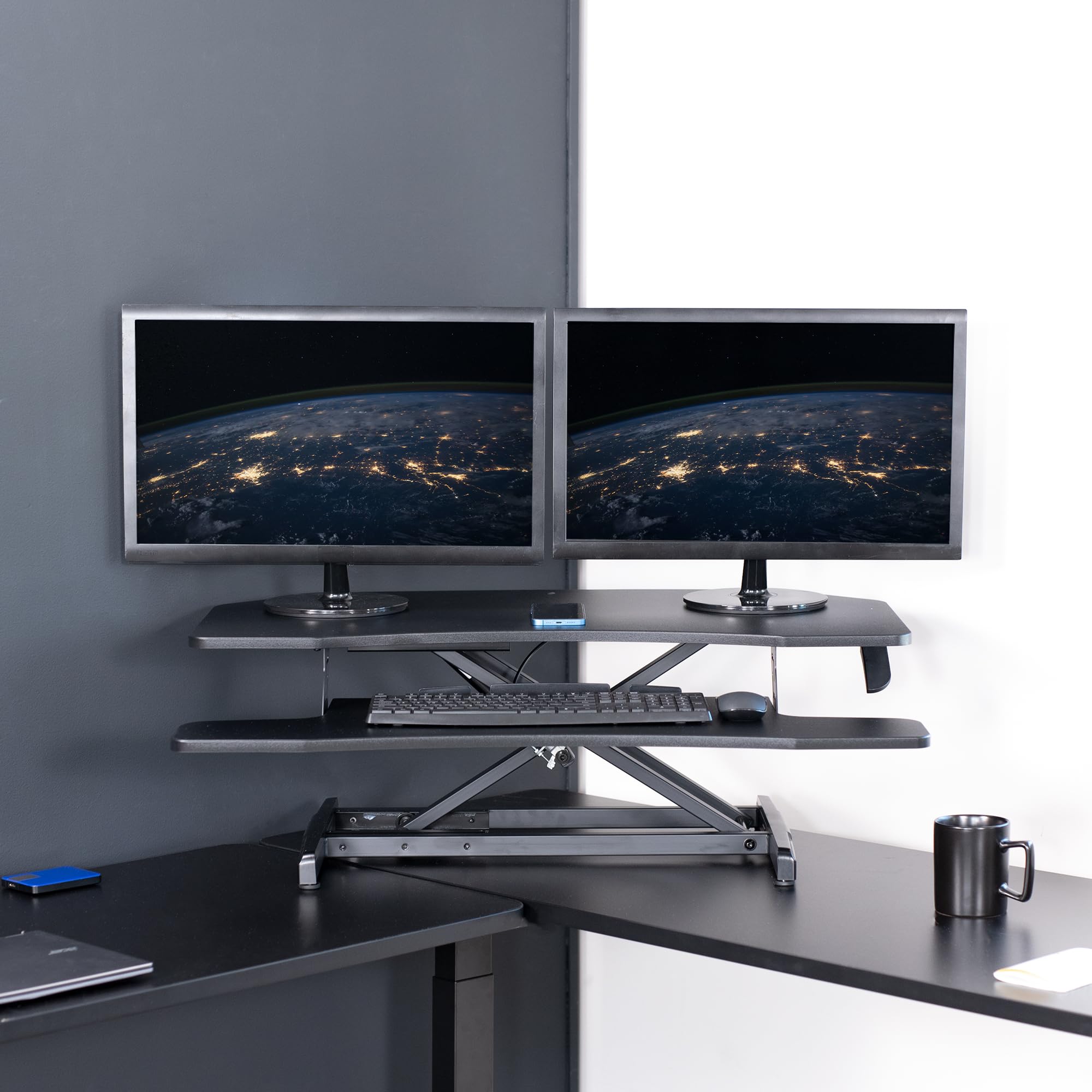 VIVO 94cm Adjustable Standing Desk Converter - Quick Sit to Stand Workstation with Dual Monitor Riser, Ergonomic Height Adjustable Desktop (DESK-V037MC) - Perfect for Home Office, Gaming Setup & Workspace Productivity
