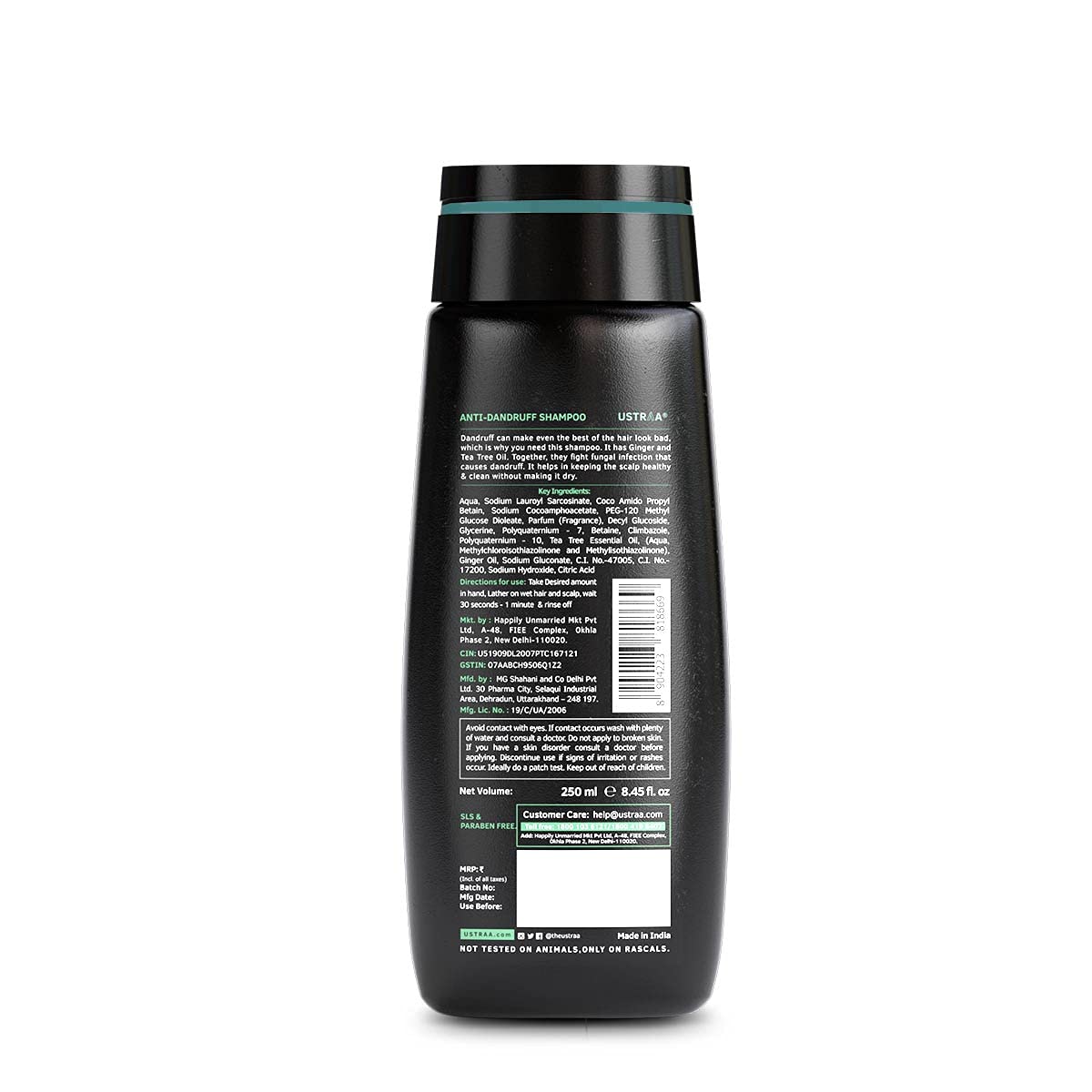 Ustraa Anti-Dandruff Shampoo 250ml - Climbazole, Ginger & Tea Tree Oil Formula for Dandruff Control - Sulfate Free, Paraben Free, Silicone Free, Mineral Oil Free - Ideal for Daily Scalp Care & Itch Relief