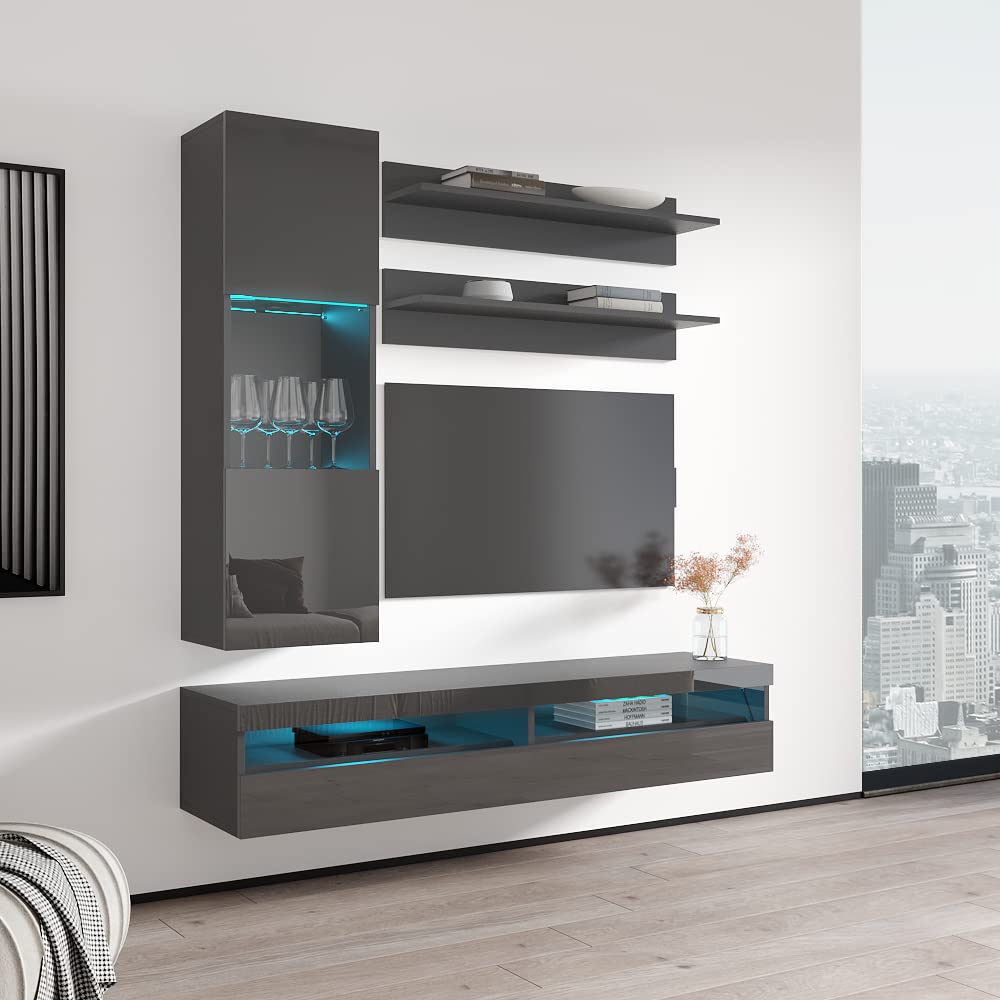 Modern Floating TV Stand with Storage & LED Lights - Wall-Mounted Entertainment Center for Bedroom & Living Room - 35