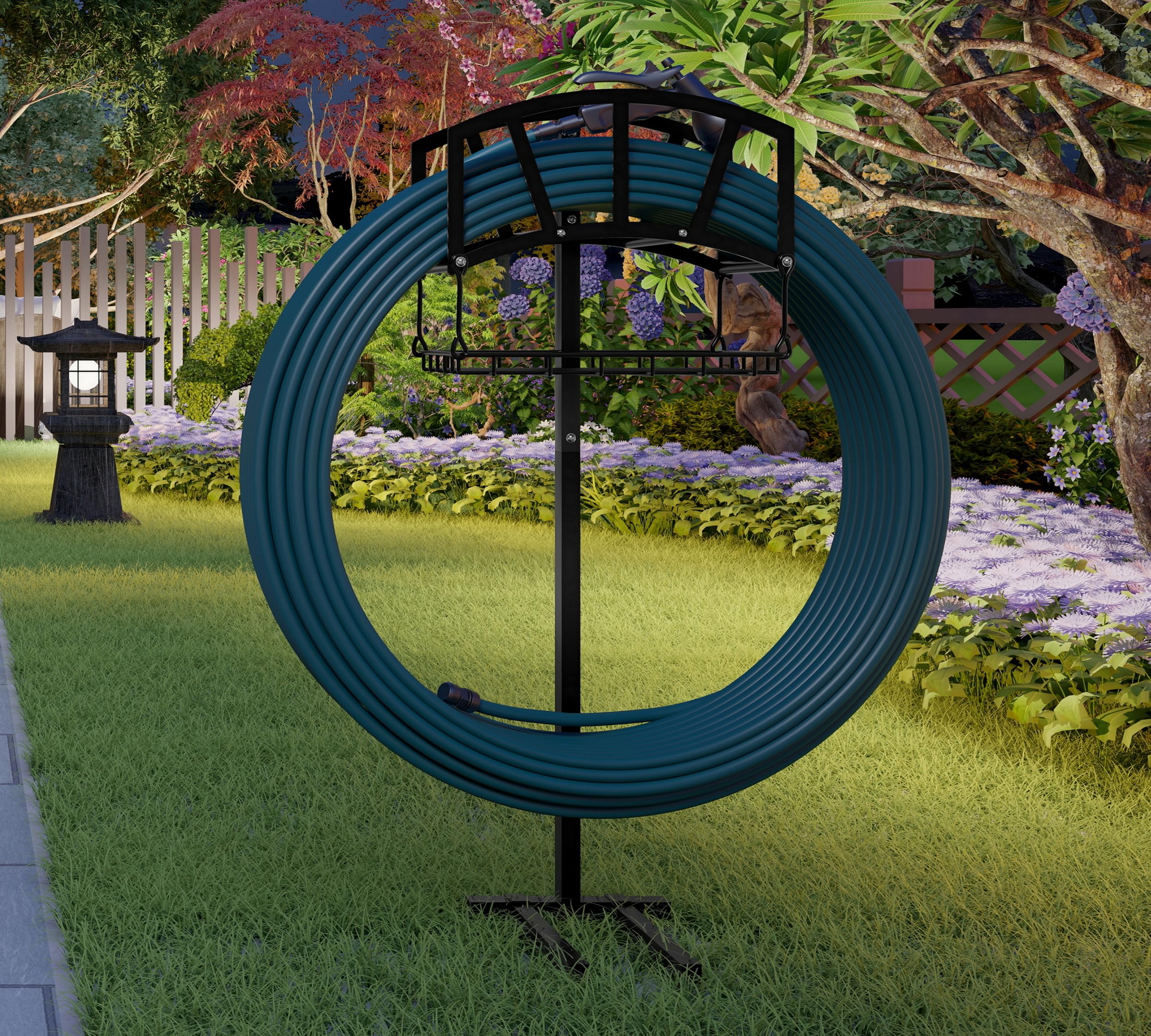 Fire Beauty Freestanding Garden Hose Holder with Storage Basket - Heavy Duty In-Ground Hose Rack Organizer for Outdoor Use - Detachable Hose Reel Stand for Lawn, Yard & Garden Watering (Perfect for Backyard, Patio & Landscaping)