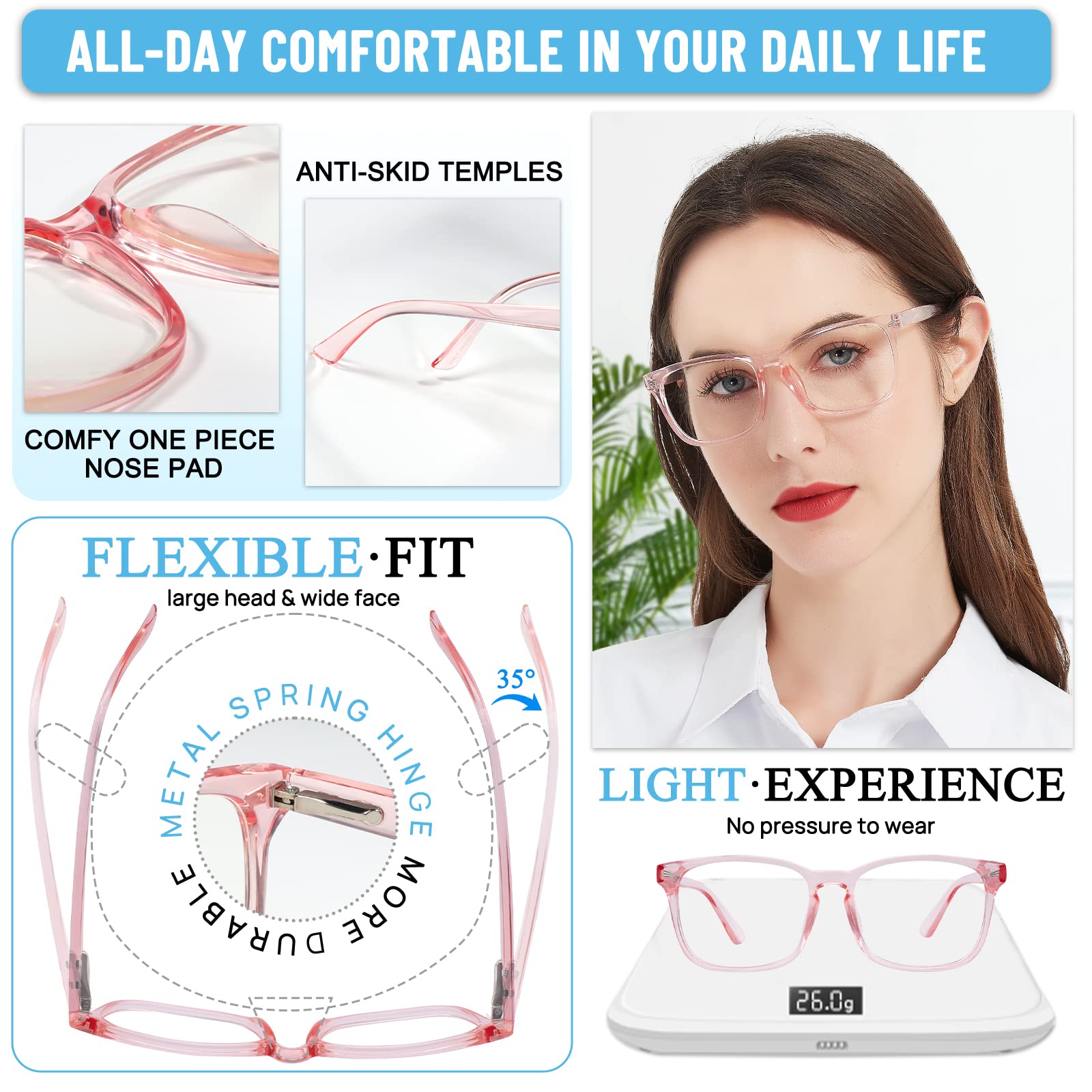 Blue Light Blocking Reading Glasses for Women - MARE AZZURO Computer Glasses with Anti-Glare Lenses (0.00 to 6.00 Strength) in Pink - Perfect for Screen Time, Reading & Office Work