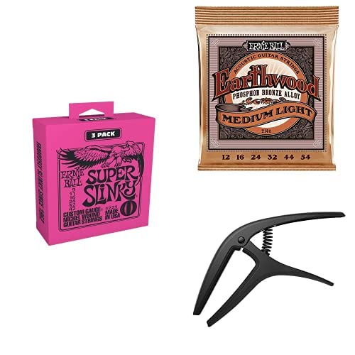 Ernie Ball Super Slinky Electric Guitar Strings 3-Pack + Earthwood Phosphor Bronze Acoustic Strings & Black Satin Axis Capo - Perfect for Live Performances, Studio Recording & Guitar Maintenance