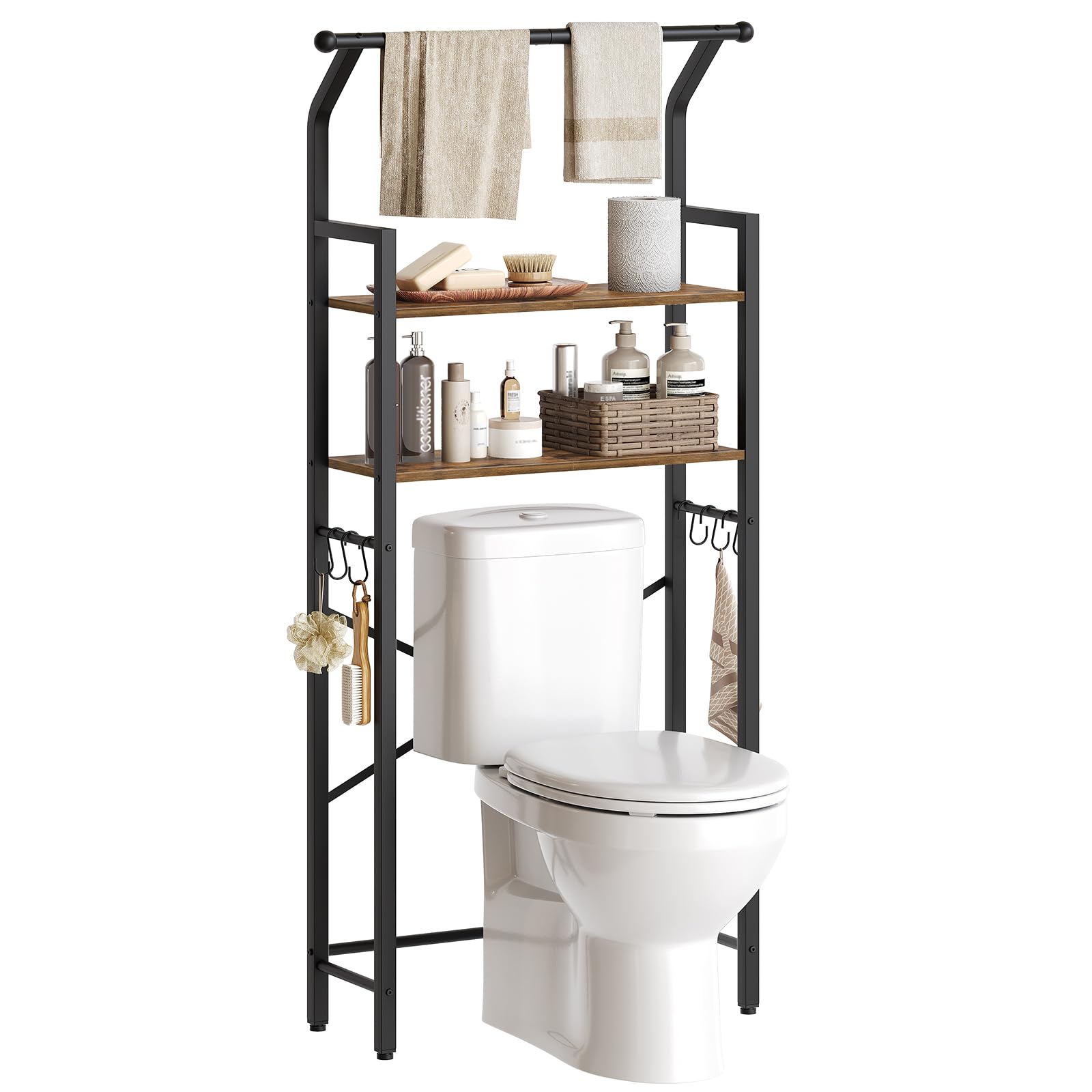 Over The Toilet Storage Shelf - 2-Tier Bathroom Organizer with Hooks | Space-Saving Vertical Toilet Shelf Rack in Rustic Brown & Black | Perfect for Small Bathrooms, Apartments & Powder Rooms (TR01BR)