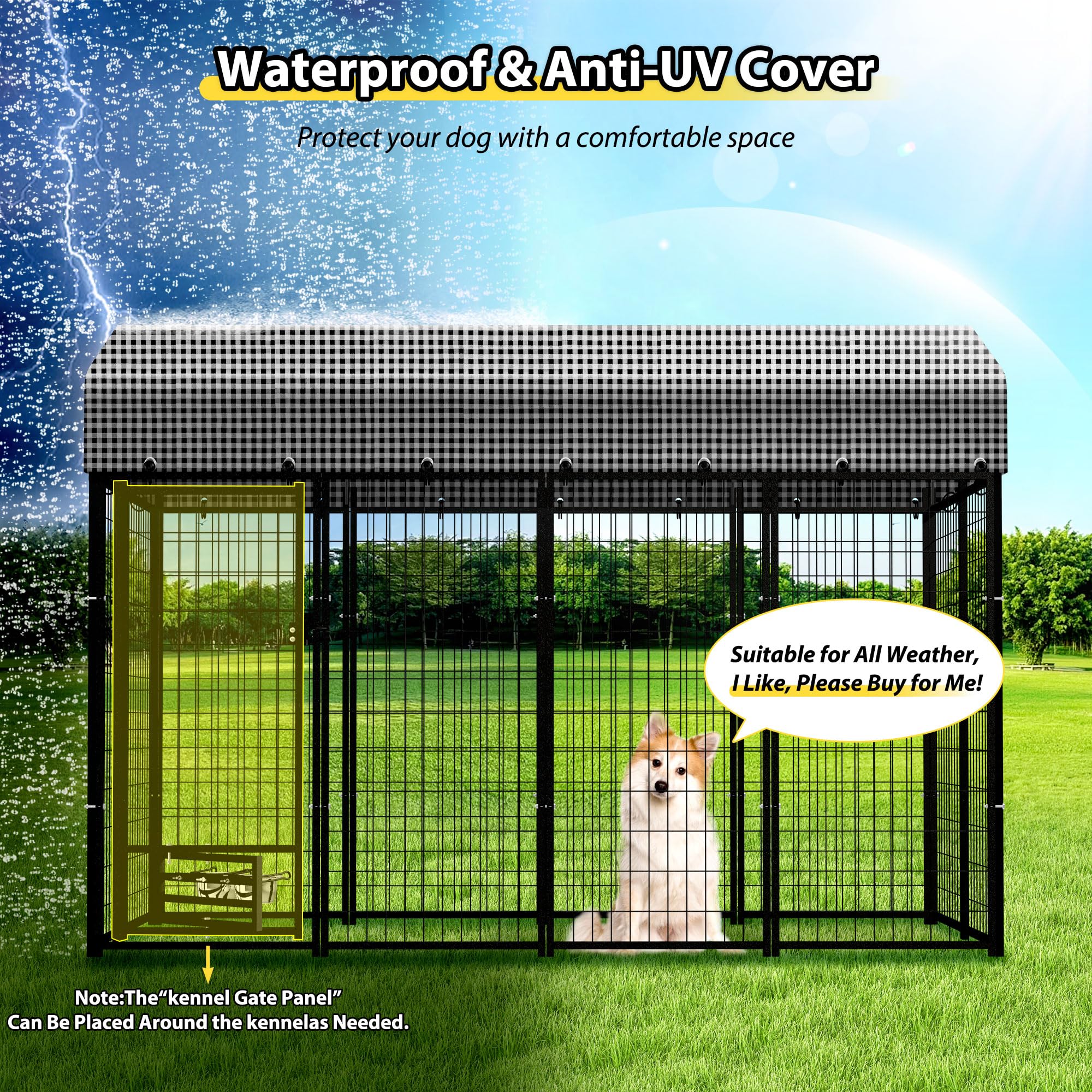 8'x4'x6' Expandable Large Dog Kennel with Bowls - Indoor & Outdoor Dog Playpen, Exercise Cage, Pet Fence with Lockable Feeding Door & Roof - Perfect for Small & Large Dogs in Backyards, Patios, and Travel Use
