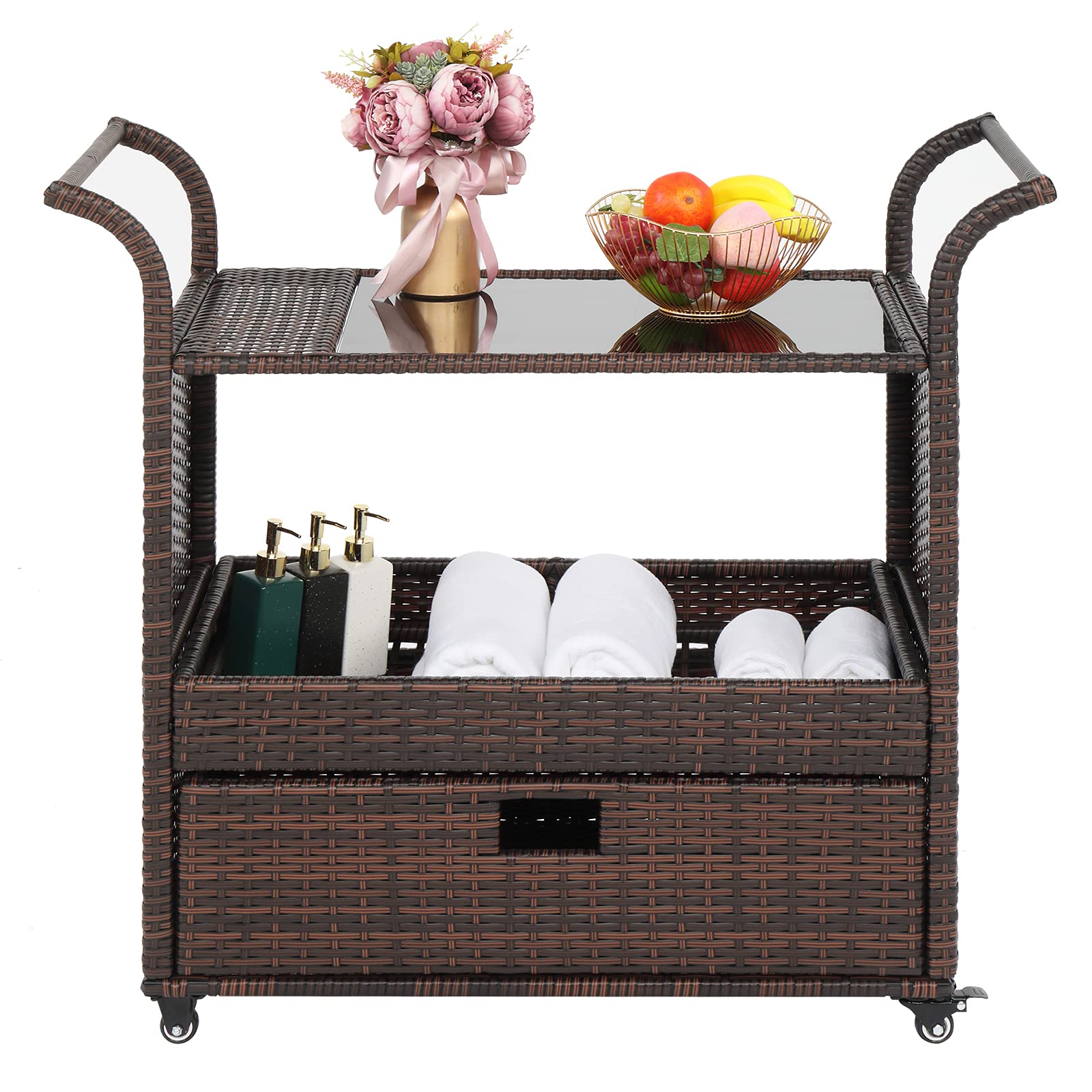 Henf Outdoor Rolling Wicker Bar Cart - Rattan Beverage Serving Cart with Glass Top, Storage Drawer & Compartments | Perfect for Patio, Pool Party, Backyard, Porch & Garden Entertaining