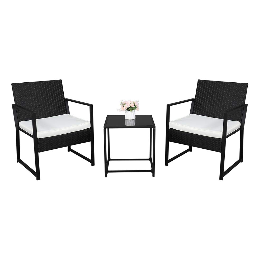 3-Piece Outdoor Patio Furniture Set - Portable Rattan Table & Chairs with Cushions - Perfect for Backyard, Garden, Balcony, Poolside & Porch - Black Conversation Set for Relaxing & Entertaining