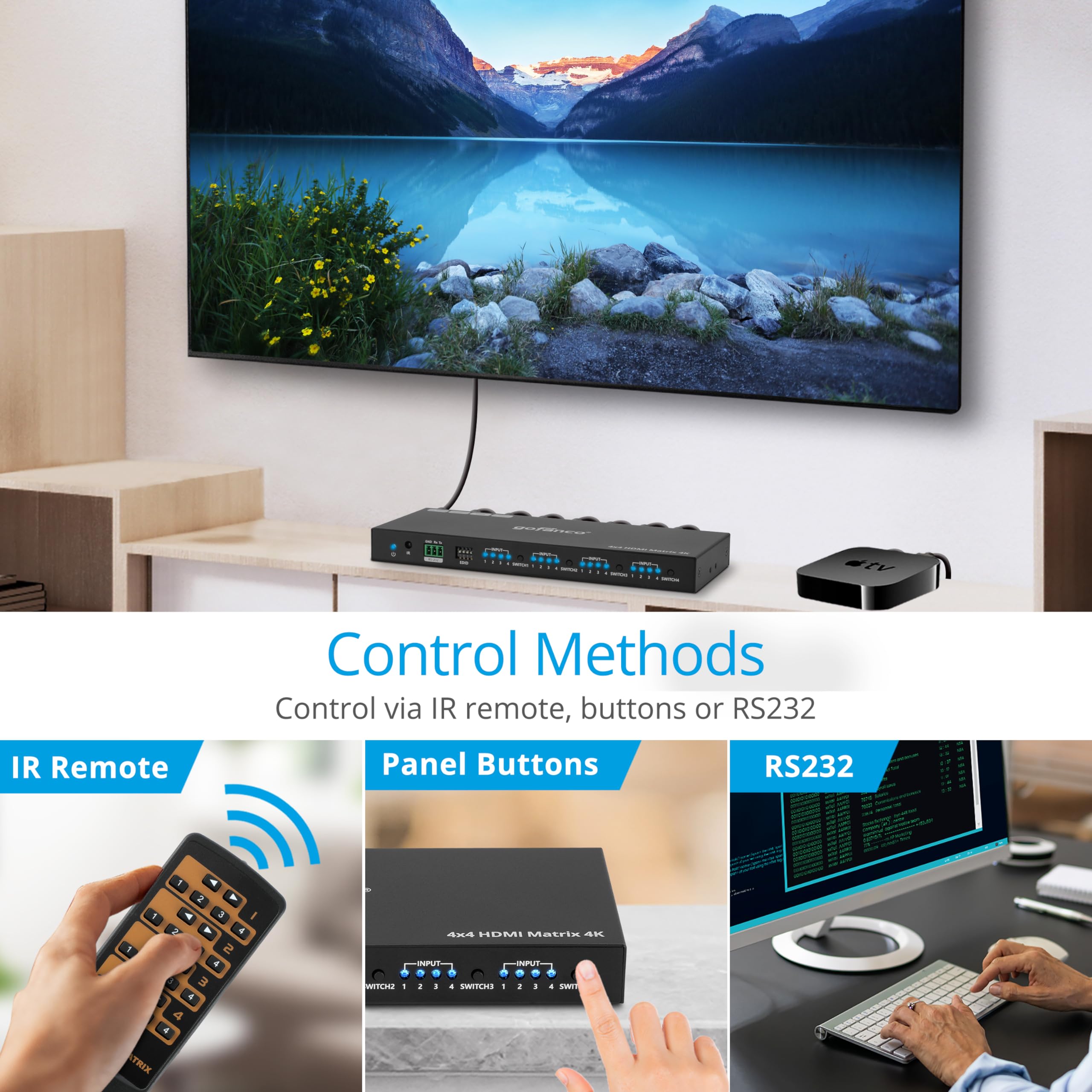 gofanco 4K 4x4 HDMI Matrix Switch - 4K 60Hz 4:4:4 HDR, HDCP 2.2/1.4, Auto Downscaling, EDID Management, 7.1ch Audio & Atmos, Surge Protection (4 in 4 Out) - Perfect for Home Theater, Gaming & Multi-Room AV Systems