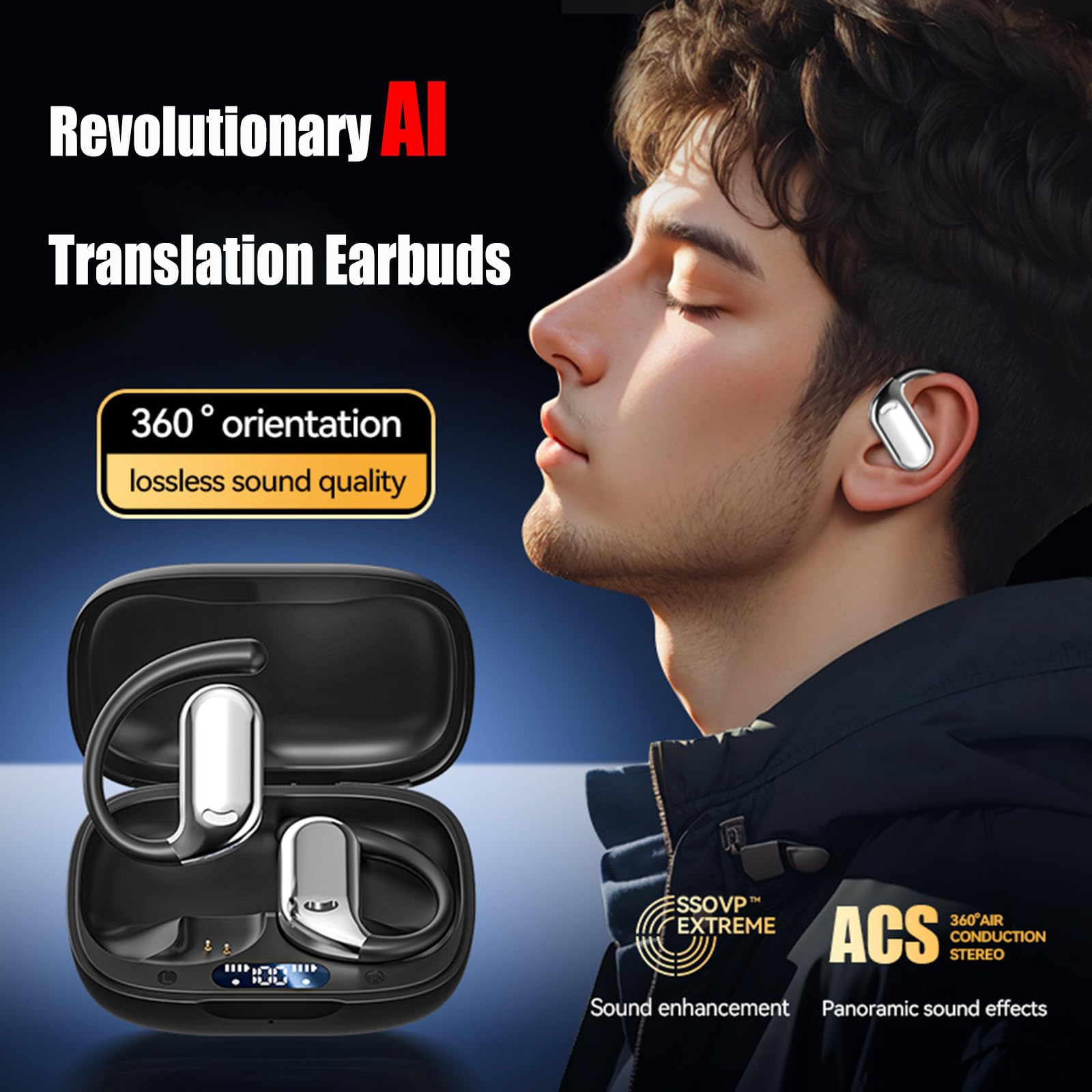 **AI Language Translator Earbuds - Real-Time Translation for 40+ Languages, Bluetooth 5.0 Wireless Headphones with Bone Conduction, Ideal for Travel, Business & Multilingual Meetings (Black)**