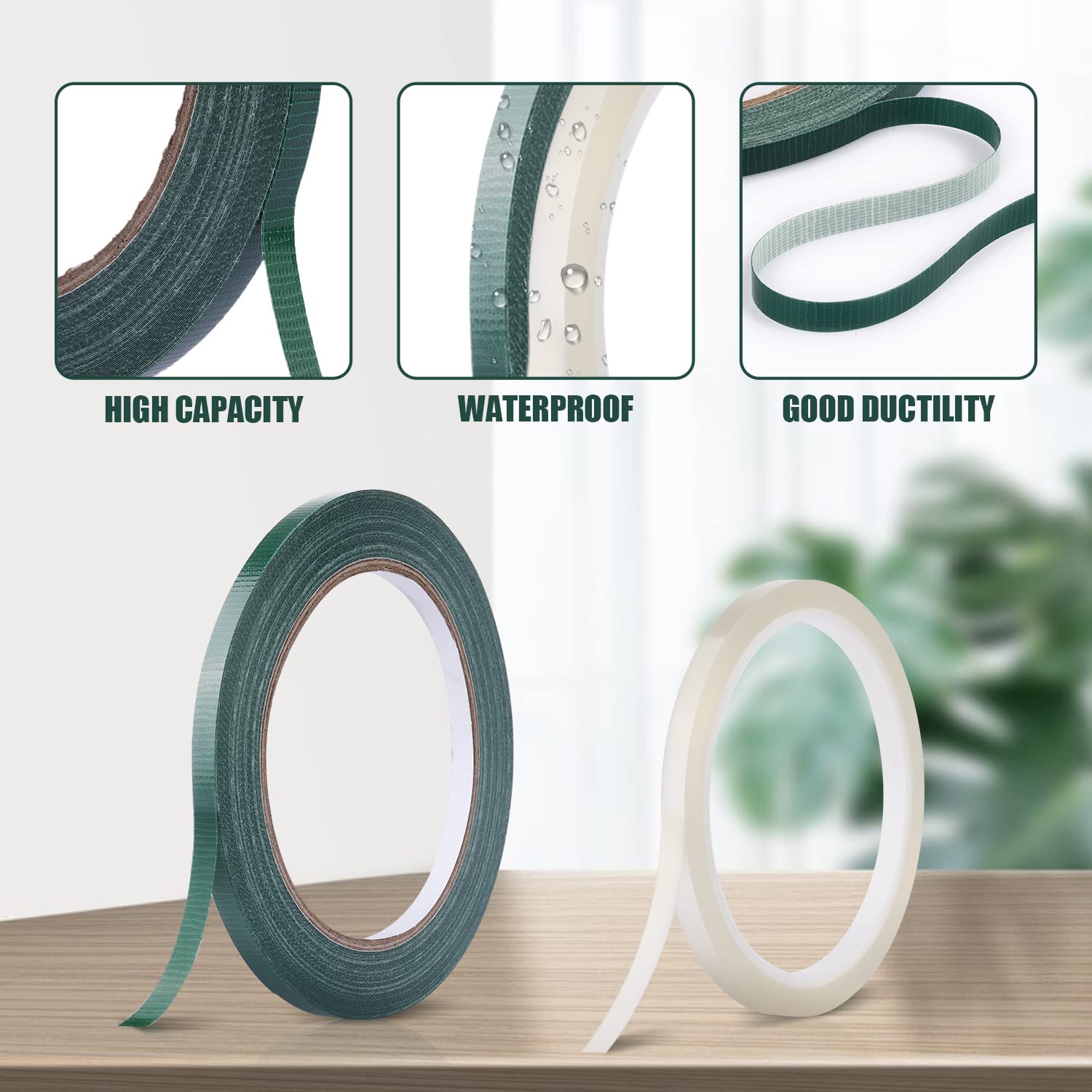 SAVITA 4 Rolls Floral Tape - 1/4 Inch x 21.9 YD & 1/4 Inch x 36.1 YD Waterproof Flower Arrangement Tape - Clear & Green Florist Tape for Bouquets, Wreaths, Artificial Flowers, Stem Wrapping & DIY Wedding Decorations