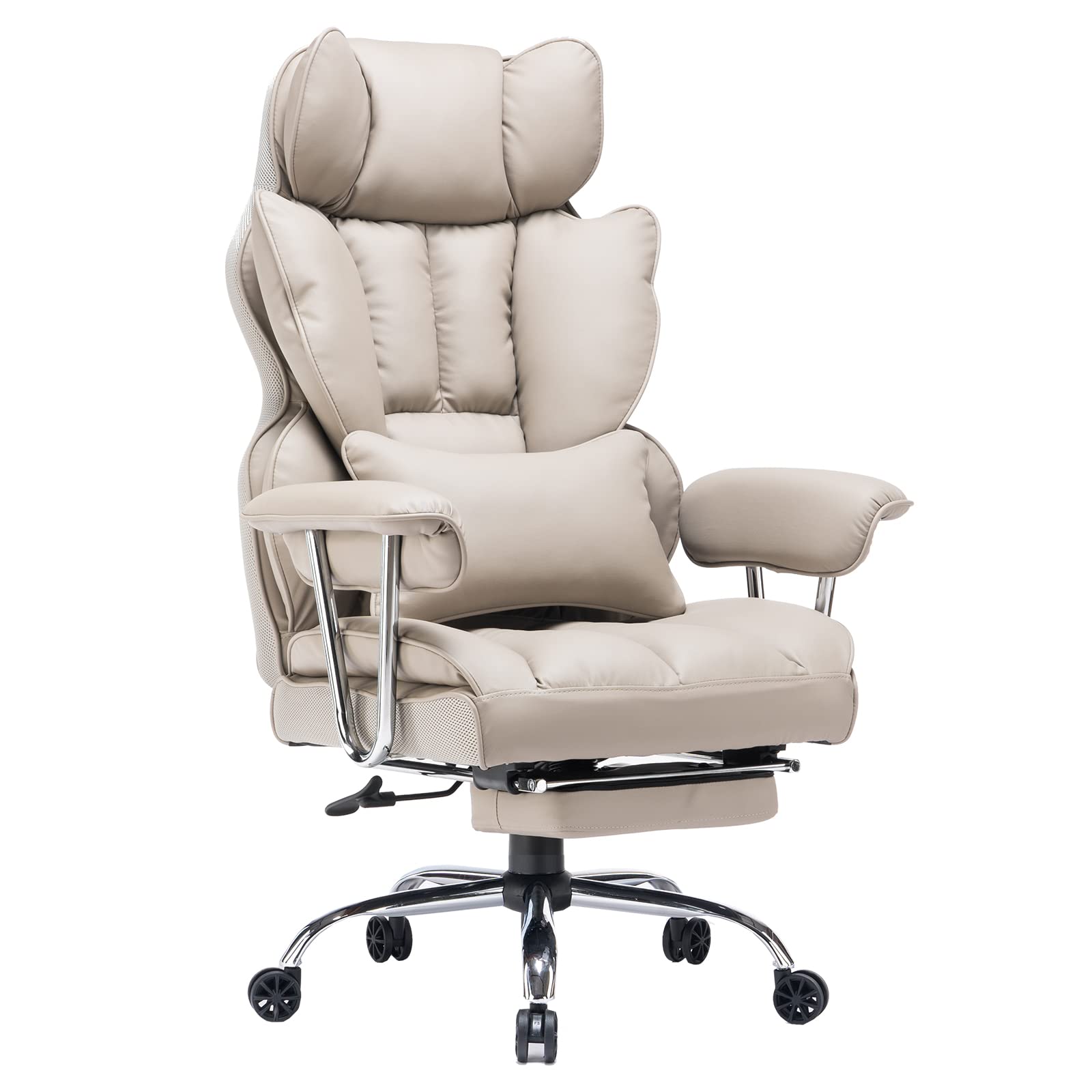 Efomao 400LBS Heavy Duty Executive Office Chair - Big and Tall PU Leather Computer Desk Chair with Adjustable Lumbar Support & Footrest - Grey Ergonomic Swivel Chair for Home Office, Gaming, and Workspace