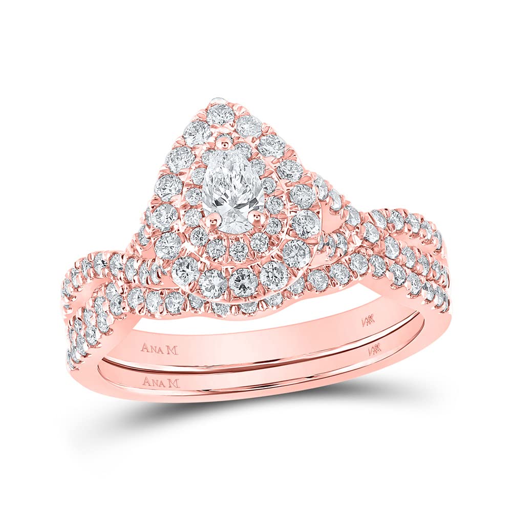 14Kt Rose Gold Pear Diamond Halo Bridal Wedding Ring Set - 1 Cttw Engagement & Wedding Band for Women - Perfect for Proposals, Anniversaries & Special Occasions