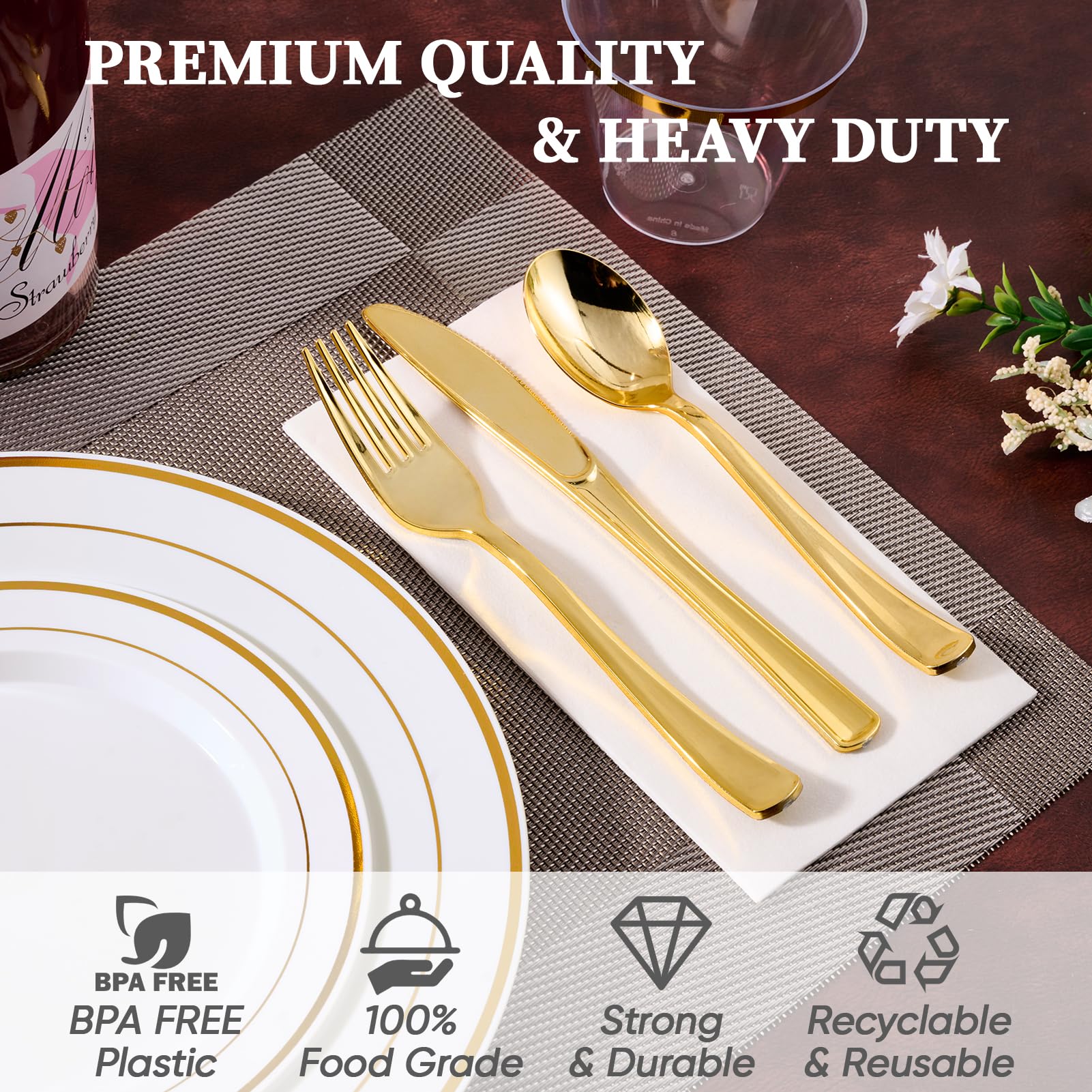 Gold Disposable Dinnerware Set - 600 Ct White Plastic Plates with Gold Rim for Wedding & Party