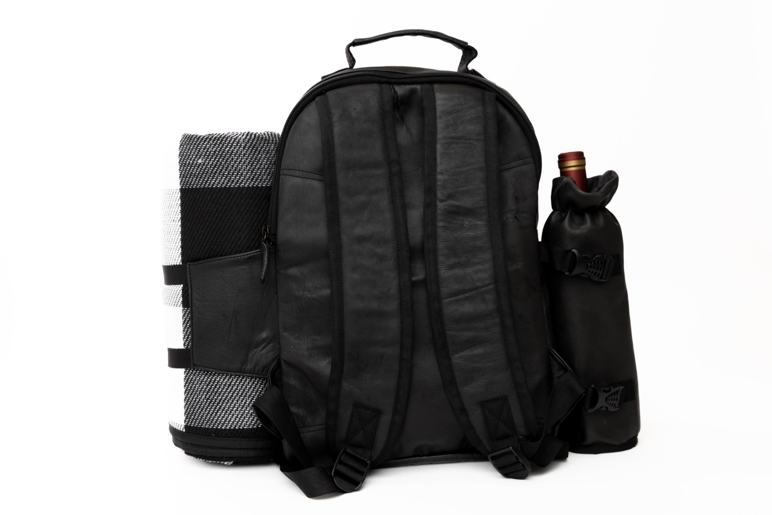 Premium Genuine Leather Picnic Backpack for 4 People - Insulated Cooler Compartment, Waterproof Blanket, 4-Piece Dinner Plates & Cutlery Set - Luxury Outdoor Picnic Essentials for Couples & Families (Black) - Perfect for Beach, Park, Camping & Romantic Dates