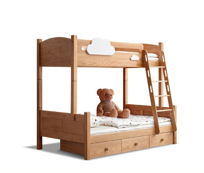 Solid Oak Wood Multi-Functional Bunk Bed with Ladder & Guardrails - Space-Saving Kids Bedroom Furniture for Siblings or Sleepovers