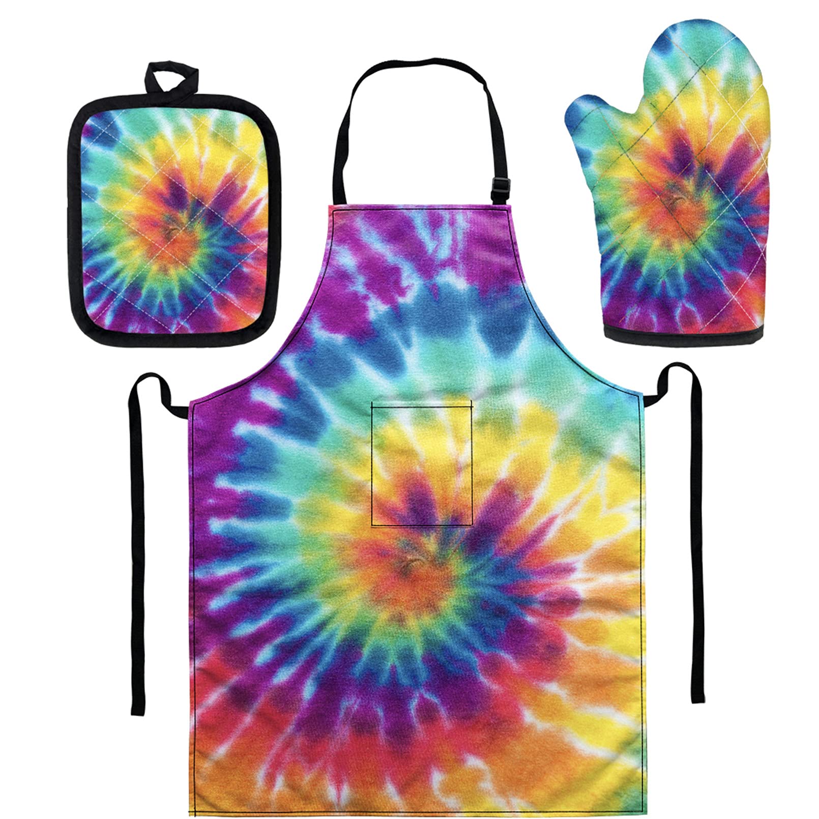Babrukda 3-Piece Tie-Dye Oven Mitt Set with Heat-Resistant Pot Holders & Waterproof Apron - Non-Slip Cotton Lining for Cooking, Baking, Grilling - Perfect for Kitchen, BBQ & Holiday Baking Gifts