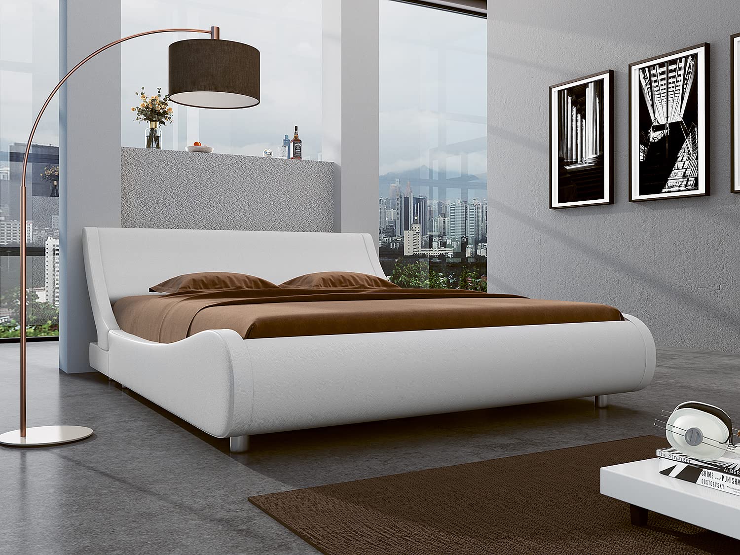 Modern Low Profile Platform Bed Frame Queen Size - Faux Leather Upholstered Sleigh Bed with Adjustable Headboard, No Box Spring Needed, White - Perfect for Contemporary Bedrooms, Guest Rooms & Small Spaces
