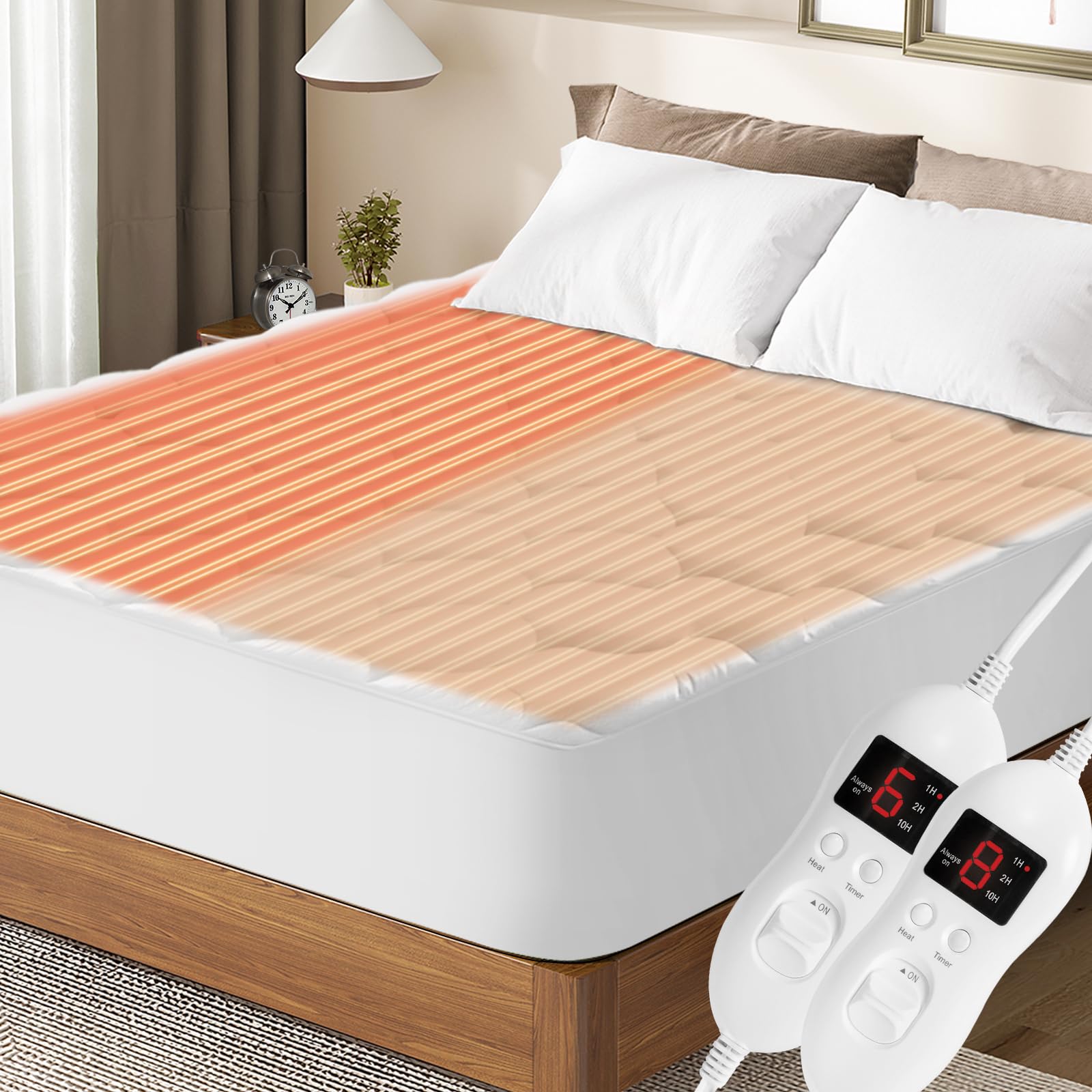 Queen Size Heated Mattress Pad with Dual Zone Temperature Control & Auto Shut Off - Electric Warming Mattress Cover with Deep Pockets, Machine Washable, White - Perfect for Cold Nights & Winter Bed Warmth