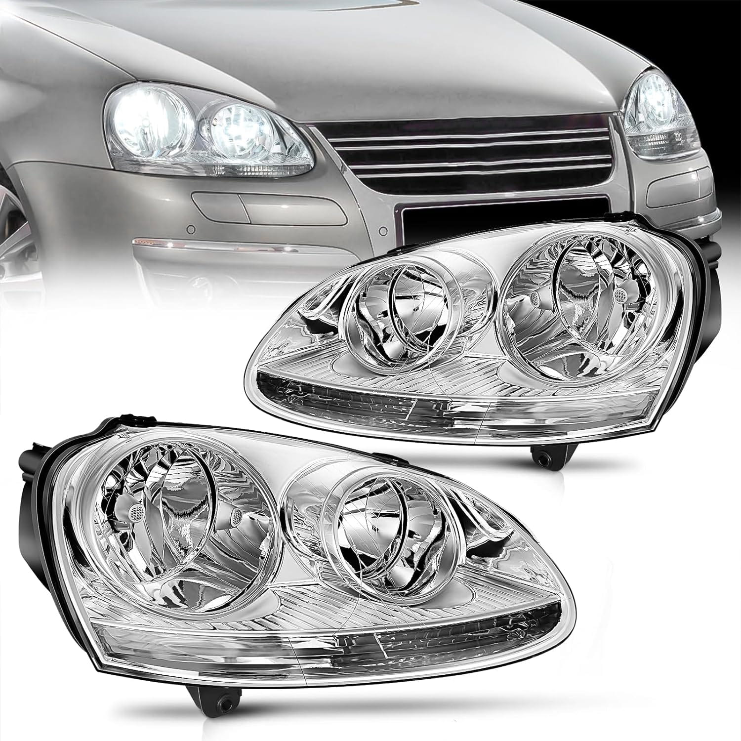 2005-2010 Volkswagen Jetta & 2006-2009 VW Rabbit GTI Headlight Assembly - Chrome Housing with Clear Reflector - Perfect for Night Driving & Car Restoration Projects