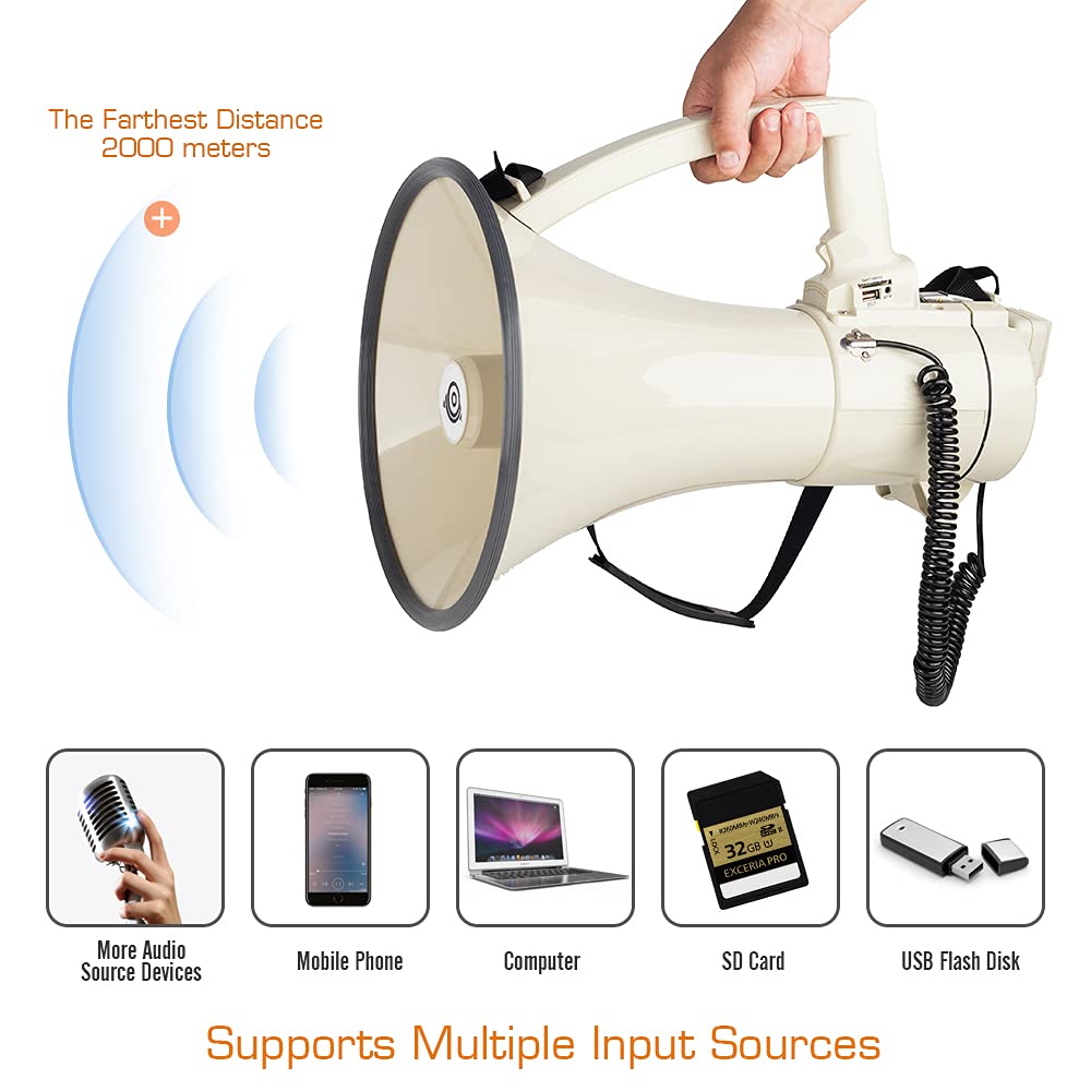 75W Heavy Duty Professional Megaphone Bullhorn Speaker with Built-in Mic, Rechargeable Battery & Strap - USB/SD/AUX Input - Loud Siren - Perfect for Coaches, Sports Events, Crowd Control & Emergency Use