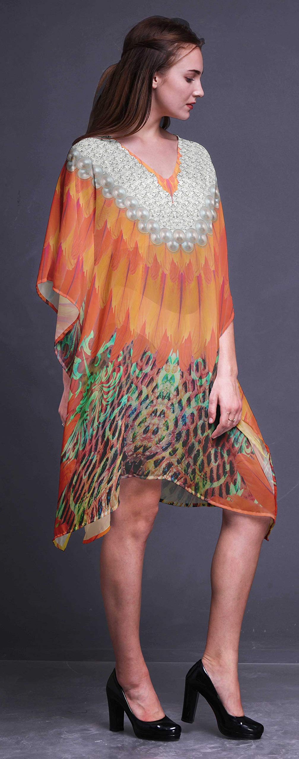Women's Floral Short Beach Kaftan - Lightweight Bikini Cover Up Dress with Pockets, Summer Beachwear Swimwear Coverup for Pool, Vacation & Tropical Getaways