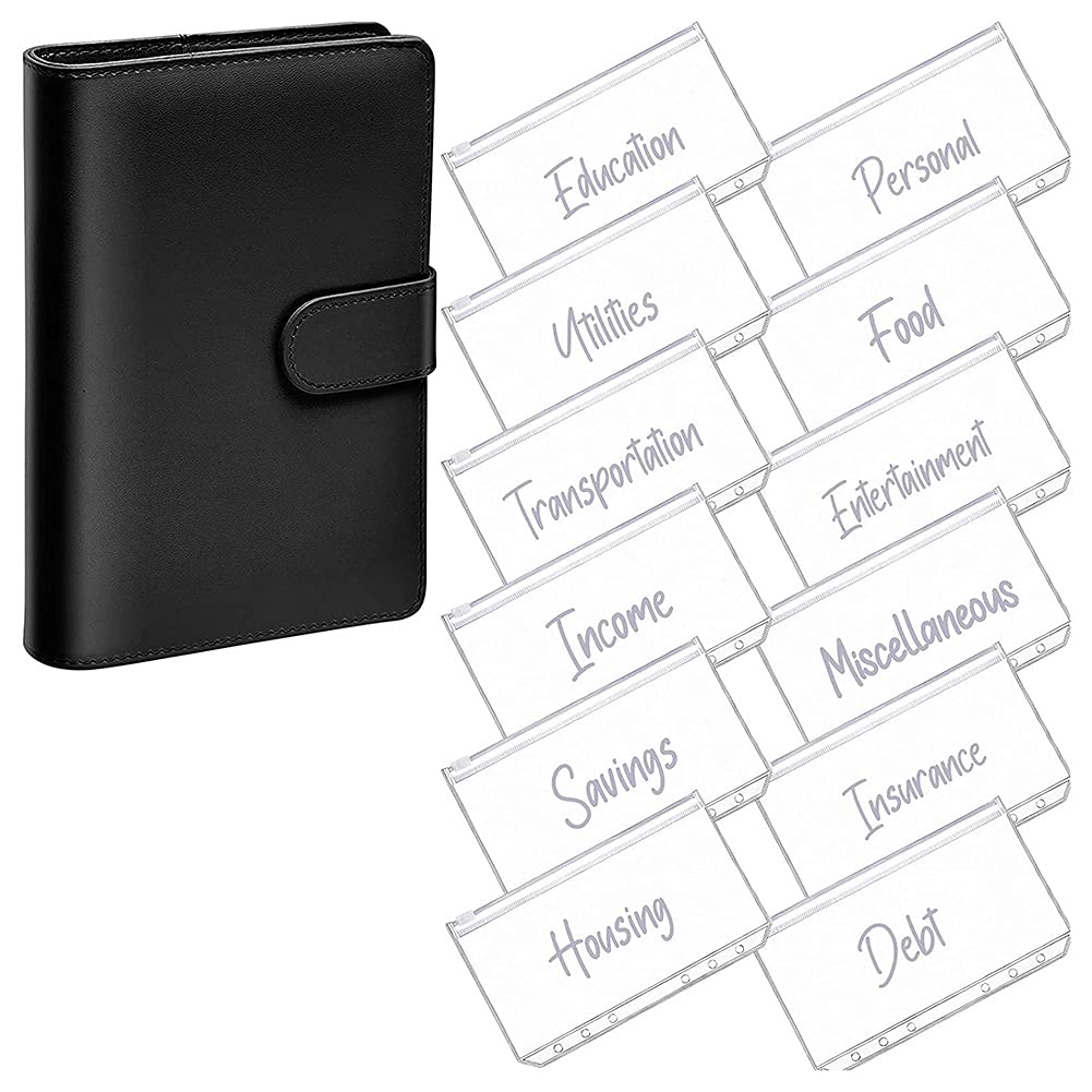 Premium A6 PU Leather Notebook - Magnetic Closure Planner with 12 Pockets & Zipper Folder for Bill Organization | Perfect for Daily Planning, Budget Tracking & Document Storage (Black)