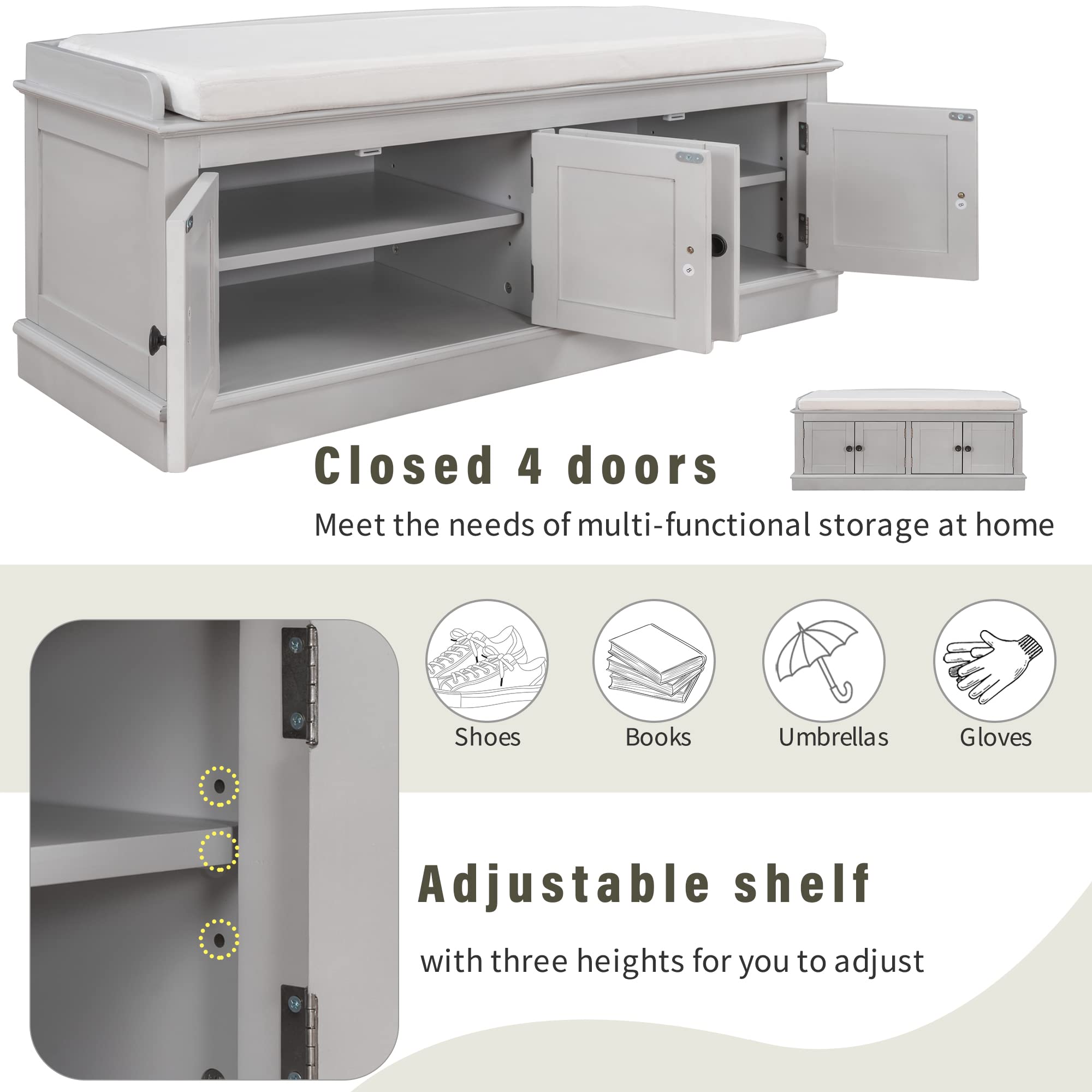 Gray Wash Storage Bench with Removable Cushion - 4-Door Upholstered Shoe Bench with Adjustable Shelves for Bedroom & Living Room - Perfect for Entryway Organization & Extra Seating