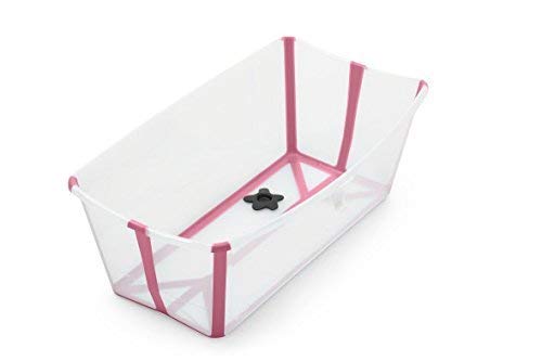 Stokke Flexi Bath Bundle - Foldable Baby Bathtub with Drain Plug, Portable & Space-Saving, Transparent Pink | Perfect for Newborns, Infants & Toddlers at Home or Travel