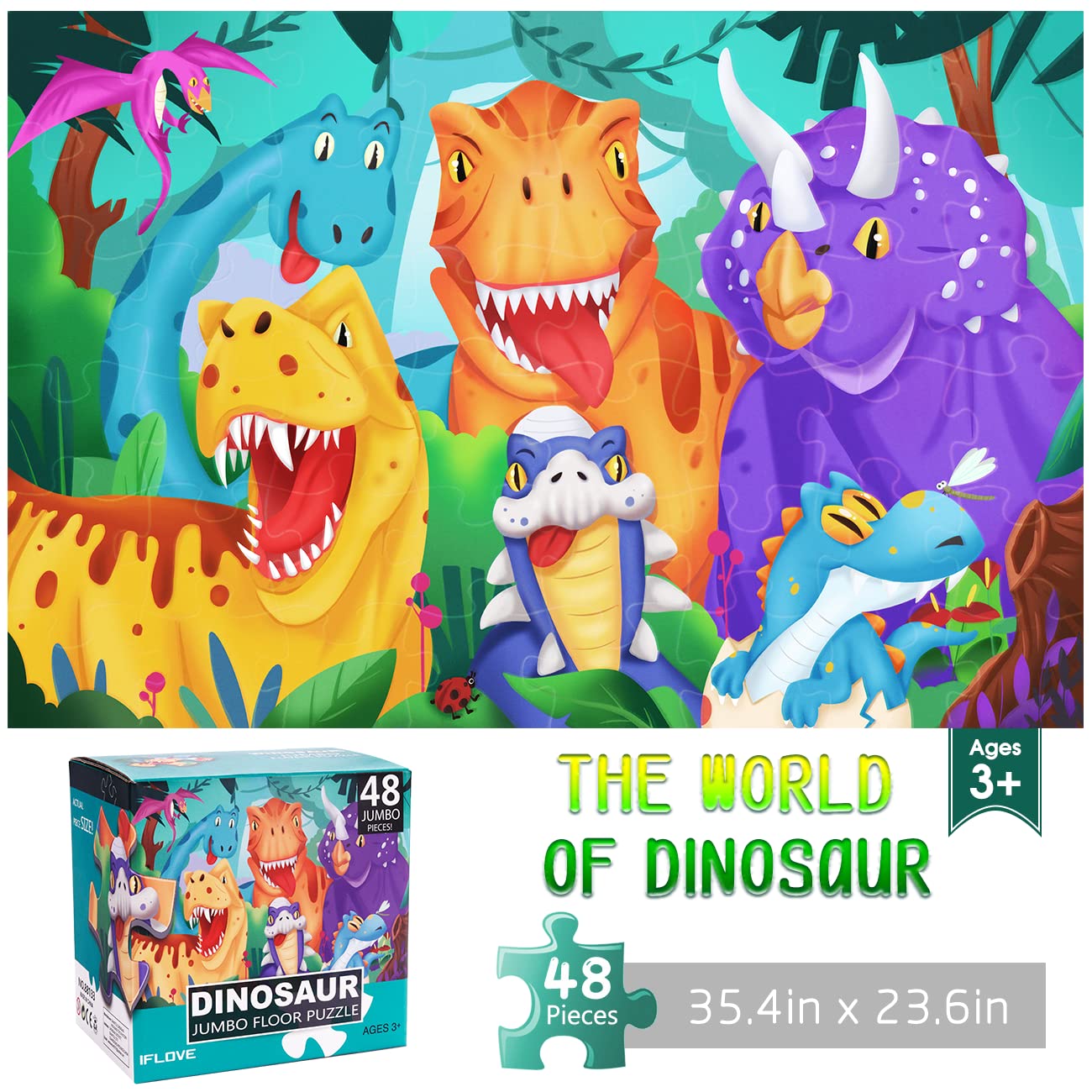 Dinosaur Jumbo Floor Puzzle for Kids - 48 Piece Large Jigsaw Puzzle for Toddlers Ages 3-6 | Preschool Learning & Educational Toys for Intellectual Development | Perfect Easter Gift for Boys & Girls | Fun Playtime & Classroom Activity