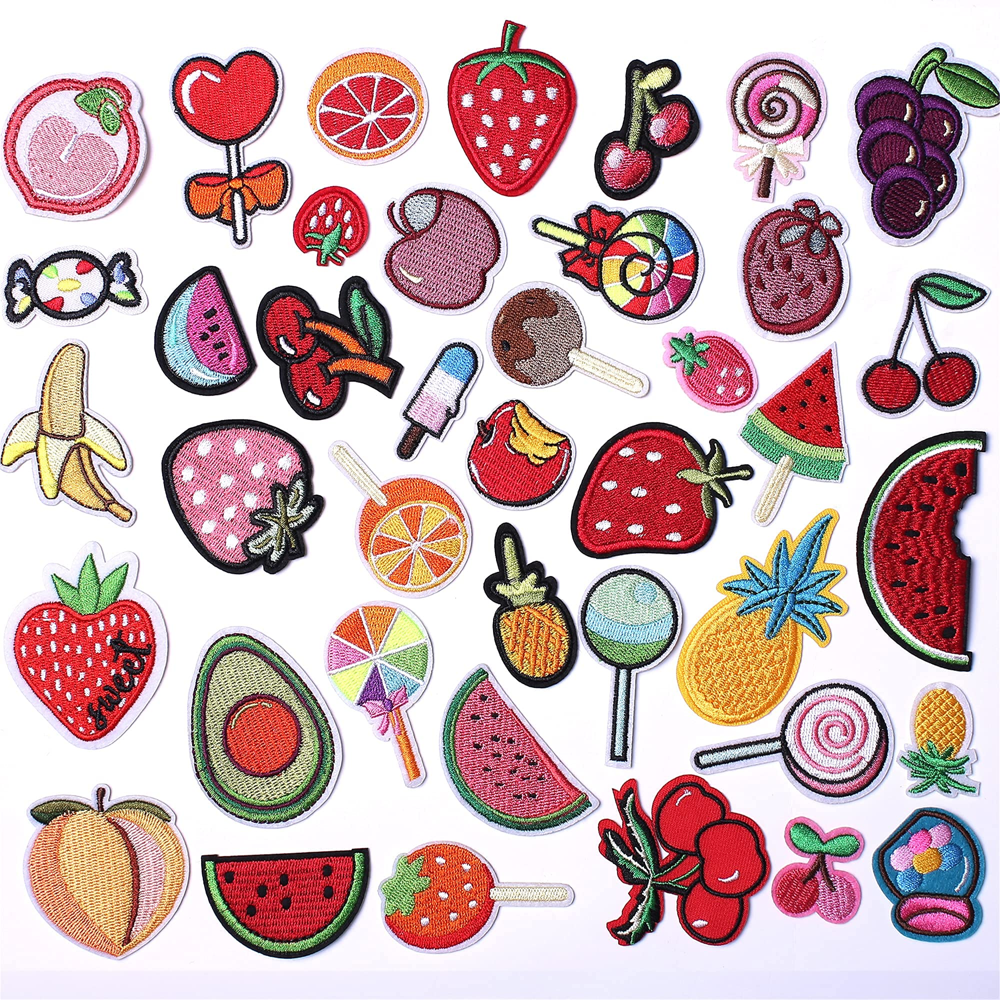 AXEN 40-Piece Embroidered Fruit Iron-On Patches Set - DIY Assorted Fruit Applique for Jackets, Hats, Backpacks & Jeans - Cute Decorative Sewing Patches for Clothing Customization & Crafts