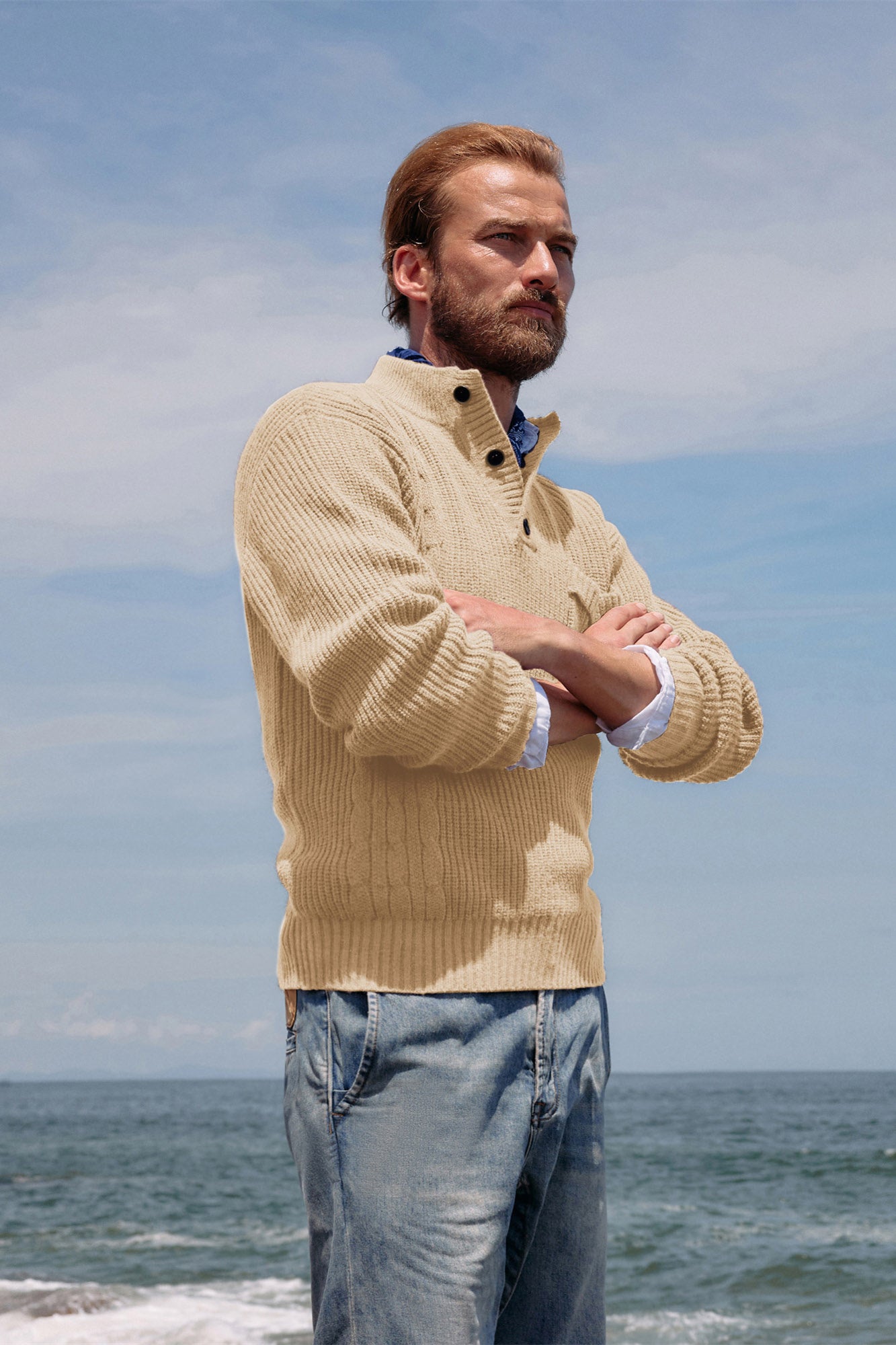 Men's Quarter Button Henley Sweater with Stand Collar & Pocket - Soft Knitted Pullover for Casual Wear & Outdoor Activities