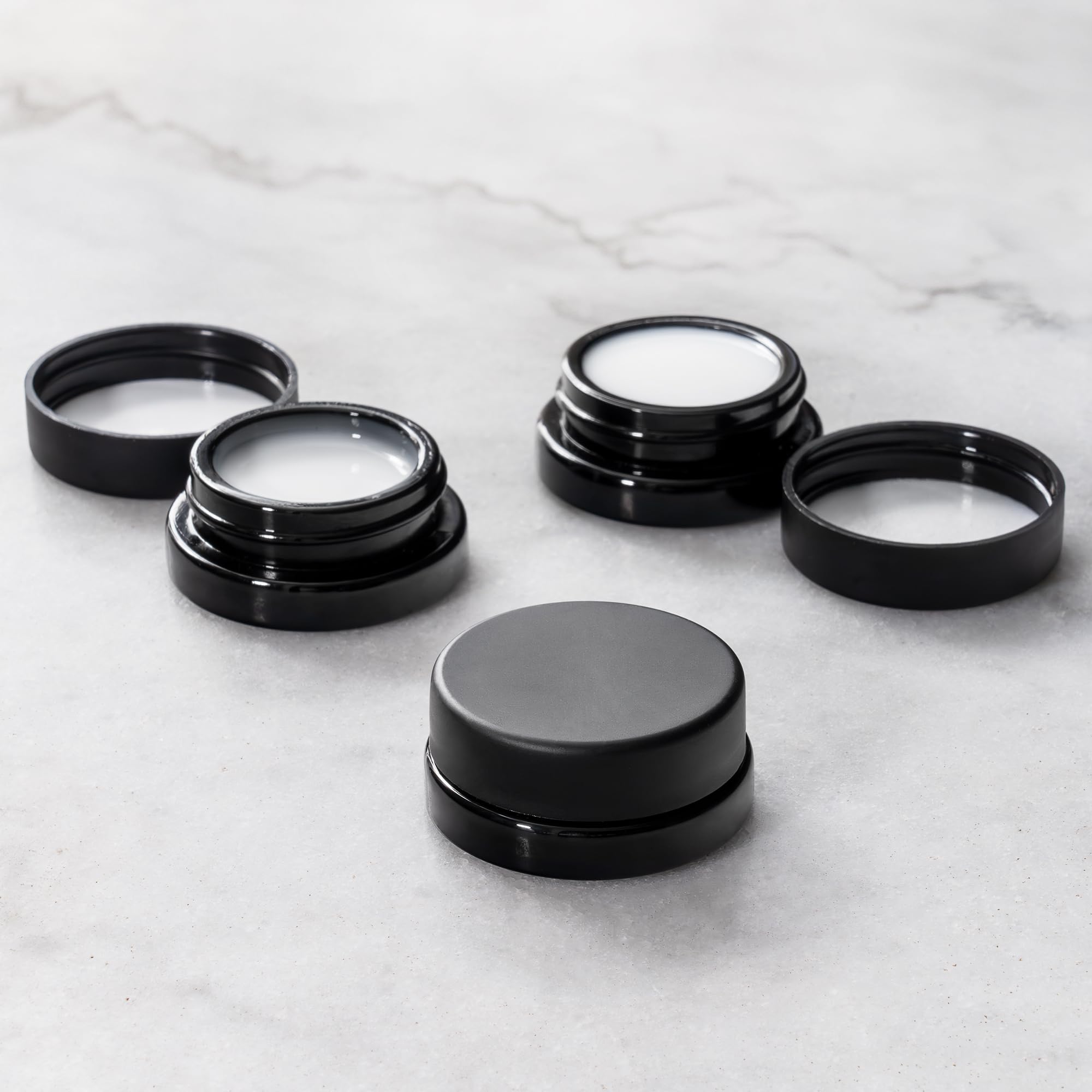 (90 Pack) 7ml Low Profile Thick Black Glass Jars with Black Lids - Airtight Containers for Essential Oils, Lip Balm, Wax, Cosmetics & DIY Crafts - Perfect for Skincare, Makeup, Travel & Home Organization